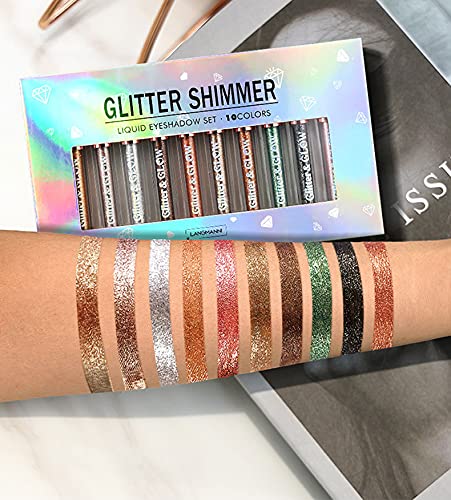 BestLand 10 Colors Liquid Glitter Eyeshadow Set – Waterproof Metallic Shimmer for Naked Smoky Looks
