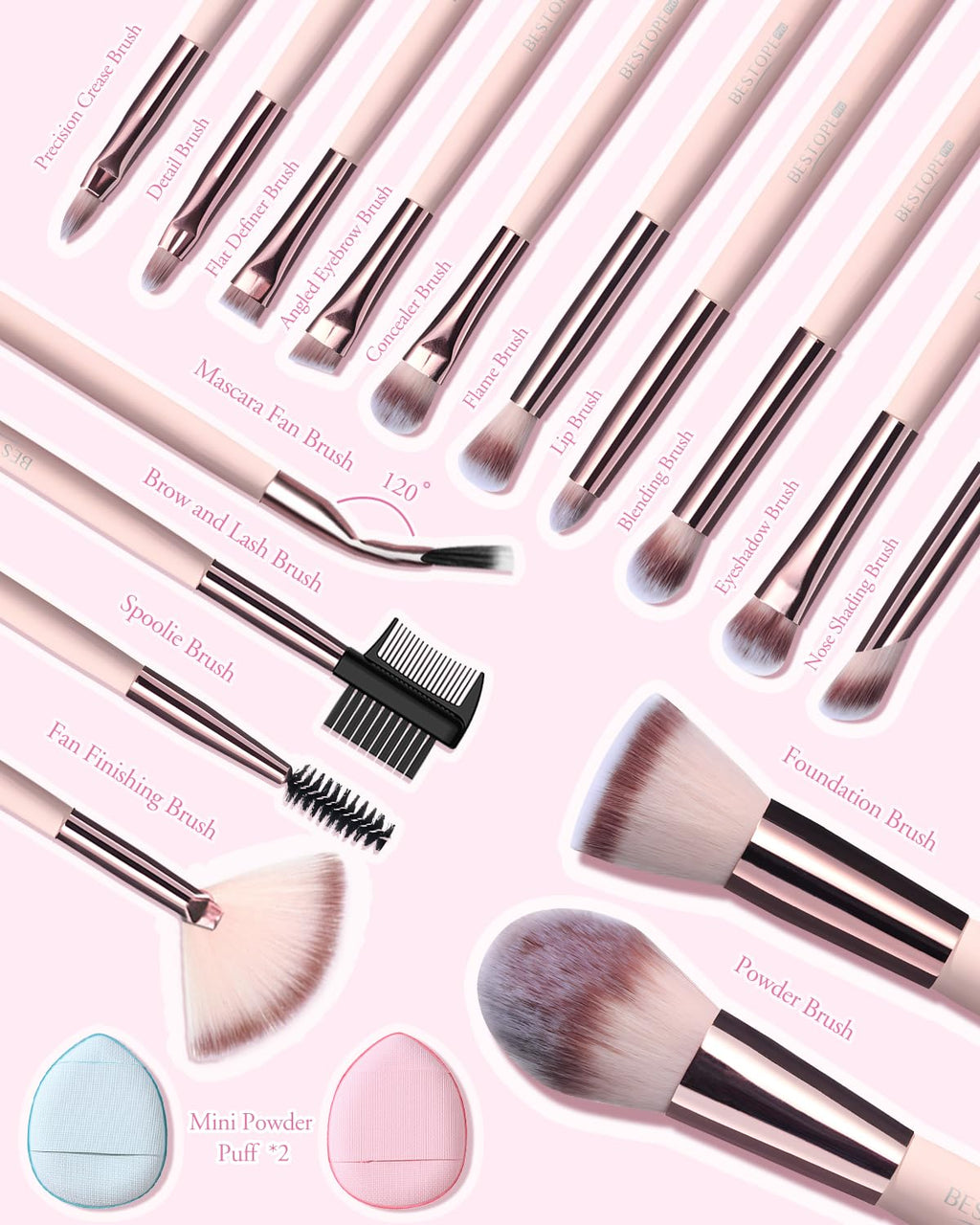 BESTOPE PRO Makeup Brushes with Case – 20PC Travel Brush Set with LED Light Mirror Holder