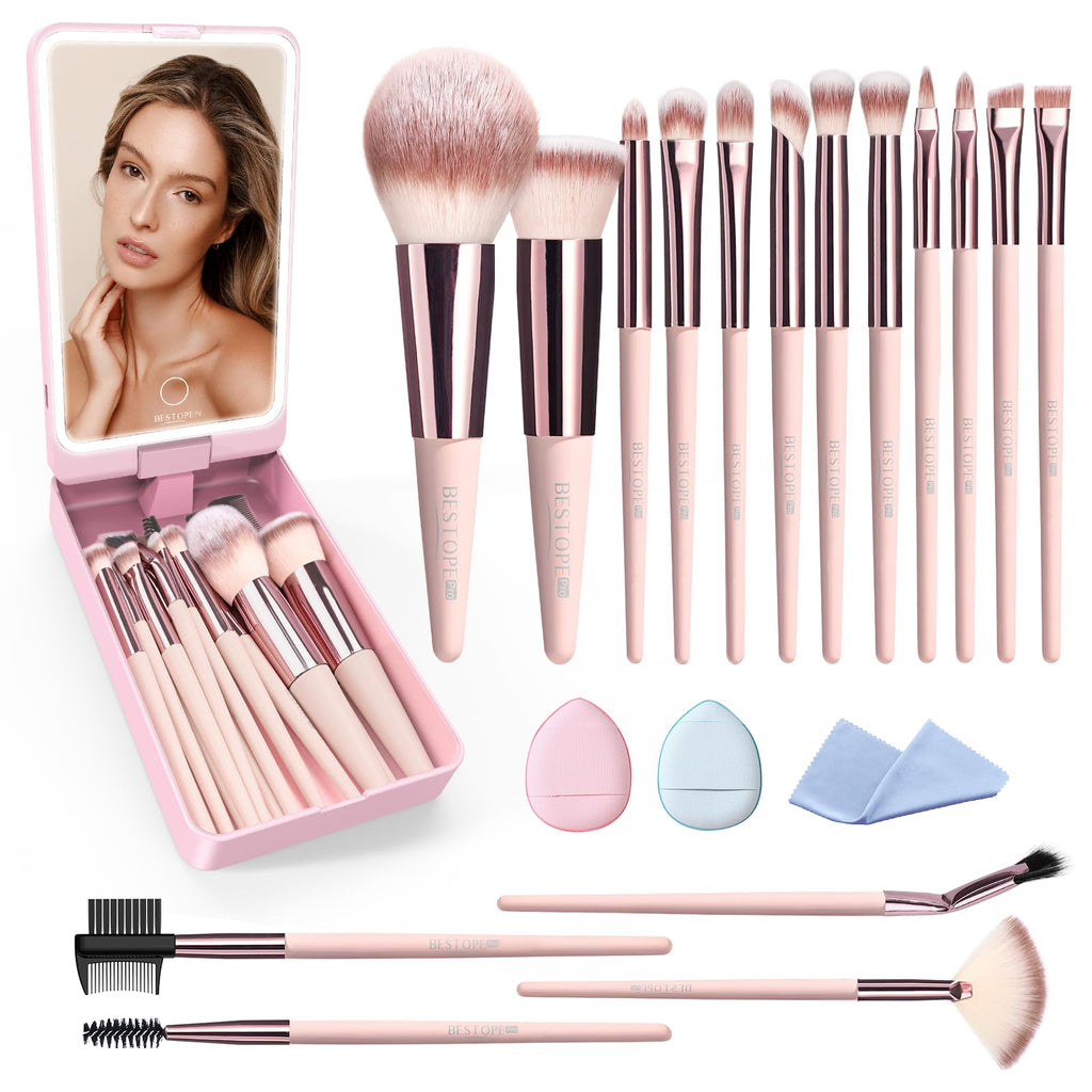 BESTOPE PRO Makeup Brushes with Case – 20PC Travel Brush Set with LED Light Mirror Holder