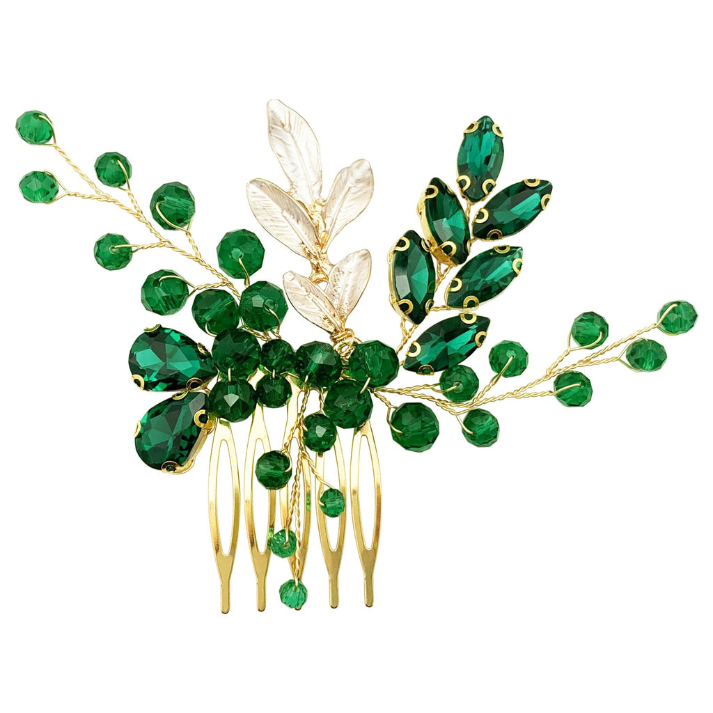 BETITETO Crystal Bridal Hair Comb – Green Rhinestone Gold Vine Wedding Accessory