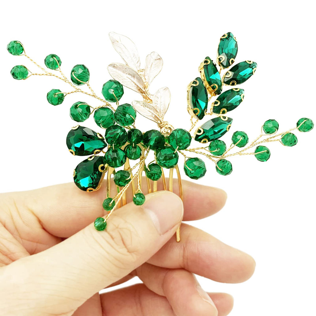 BETITETO Crystal Bridal Hair Comb – Green Rhinestone Gold Vine Wedding Accessory