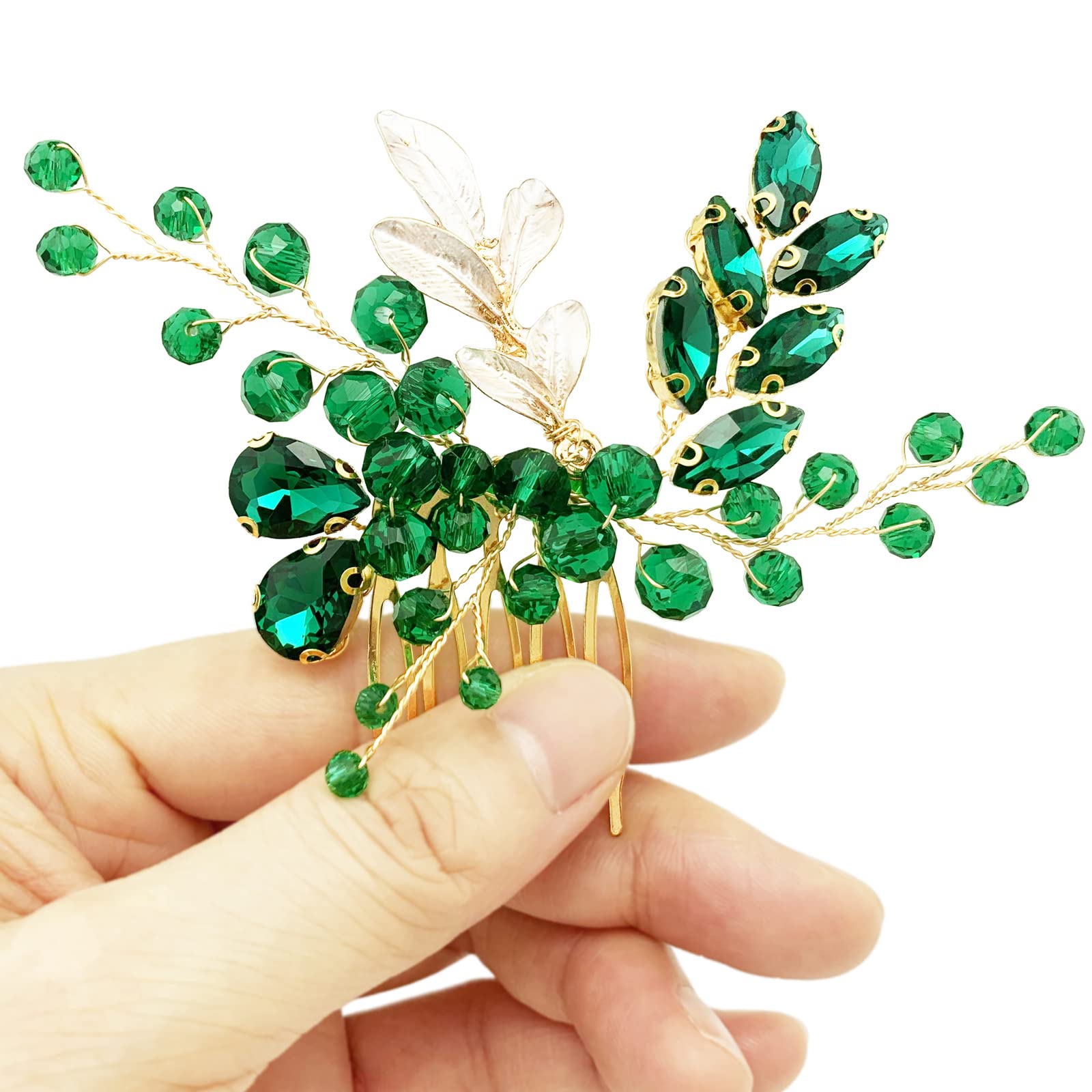 BETITETO Crystal Bridal Hair Comb – Green Rhinestone Gold Vine Wedding Accessory