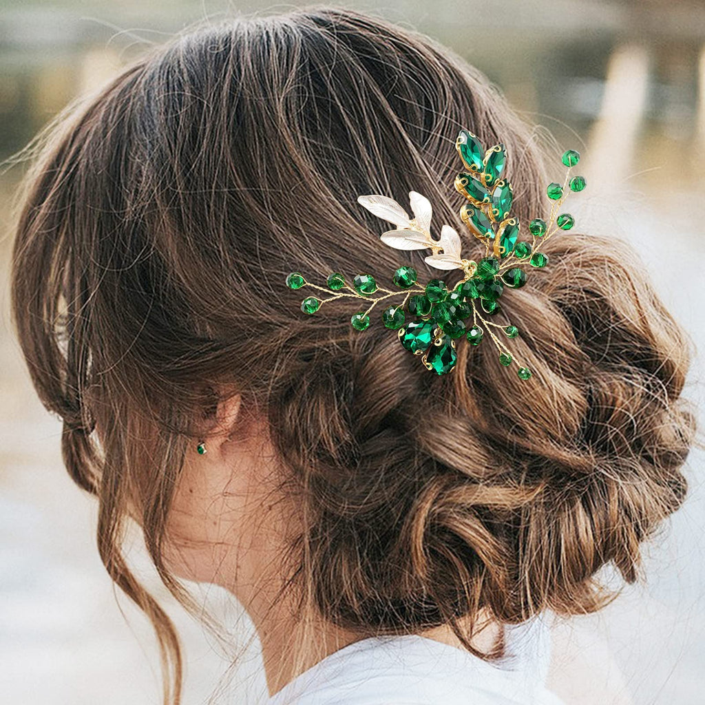 BETITETO Crystal Bridal Hair Comb – Green Rhinestone Gold Vine Wedding Accessory