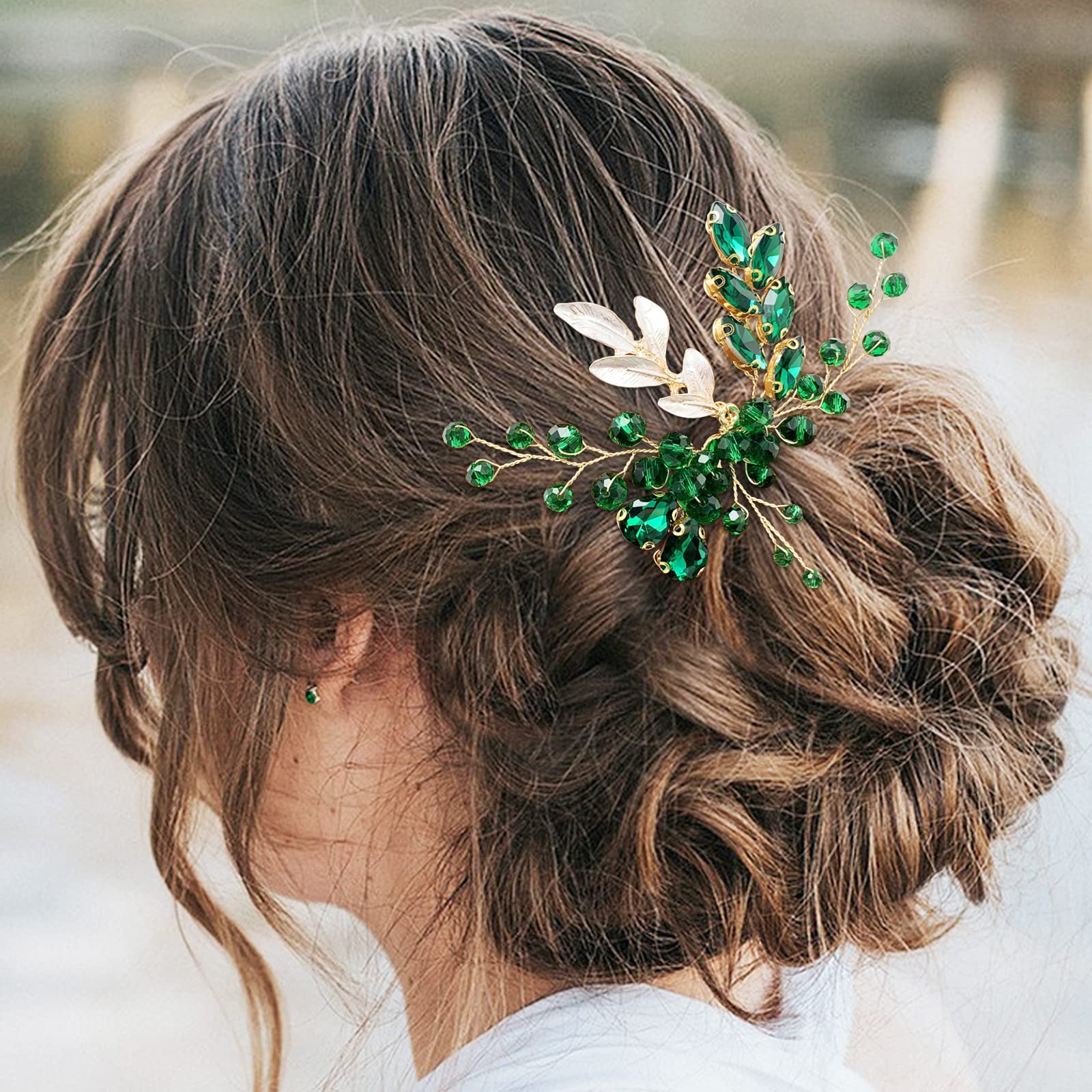 BETITETO Crystal Bridal Hair Comb – Green Rhinestone Gold Vine Wedding Accessory