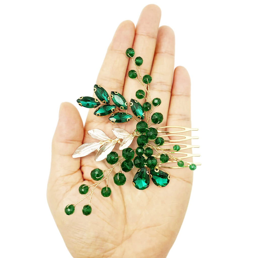 BETITETO Crystal Bridal Hair Comb – Green Rhinestone Gold Vine Wedding Accessory