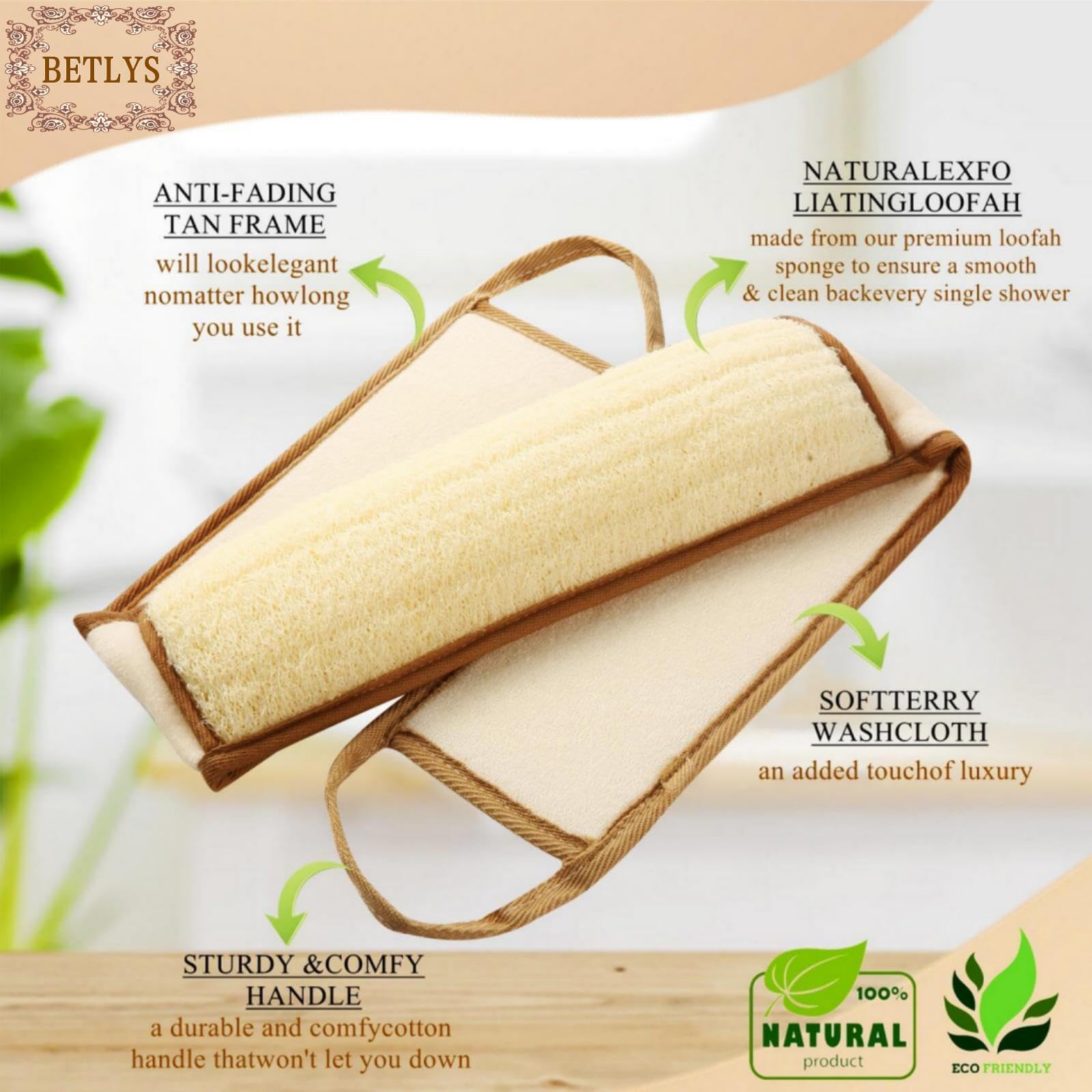 BETLYS Exfoliating Natural Loofah Back Scrubber – 2 Pack for Shower and Bath