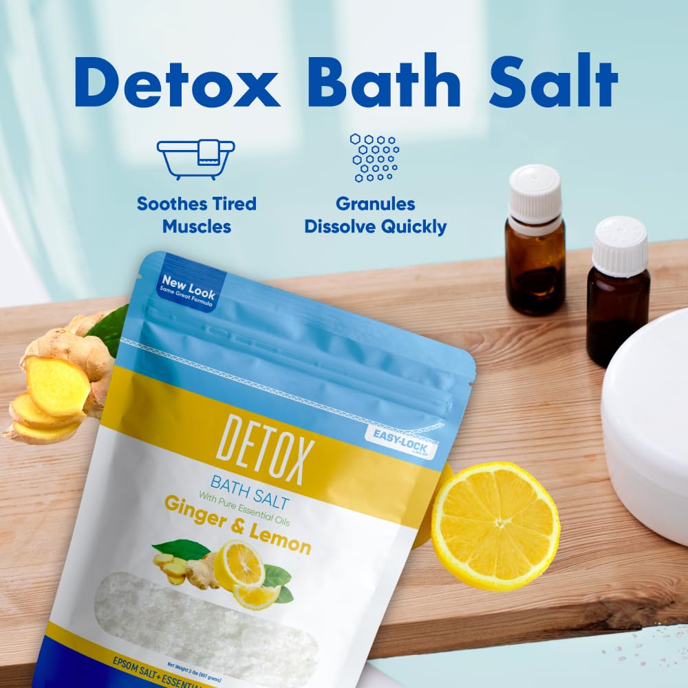 Detox Bath Salt 32 oz – USP Epsom Salt with Ginger, Lemon Oils, Vitamin C (Made in USA)