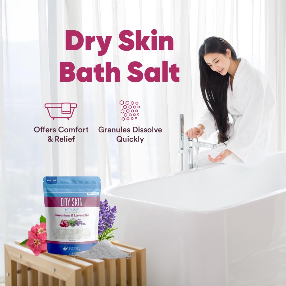 Dry Skin Bath Salt 32 oz – Better Bath Better Body, Epsom Salt with Geranium & Lavender Oils, Vitamin C (2-Pack) BPA-Free Pouch