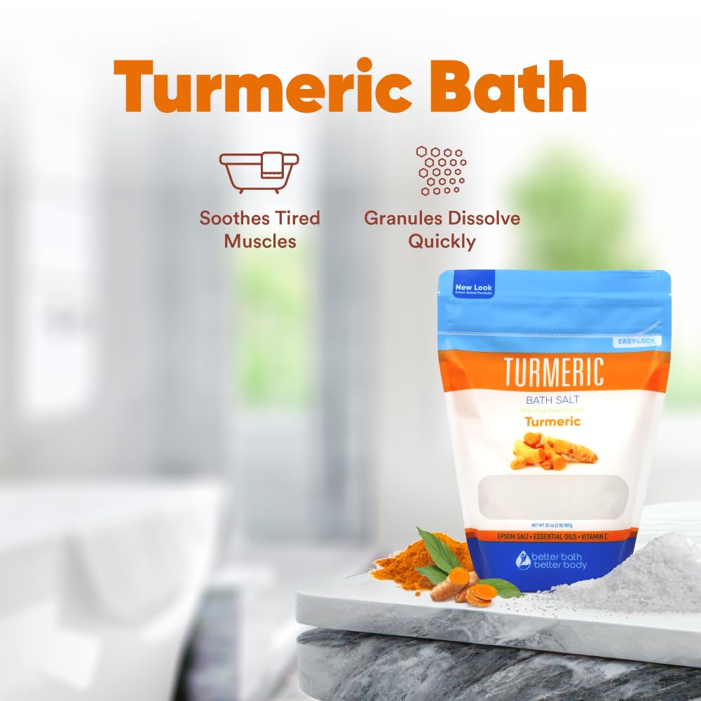 Better Bath Better Body Turmeric Bath Salt 32oz – Epsom Salt with Cinnamon, Orange, Vitamin C – BPA-Free Pouch