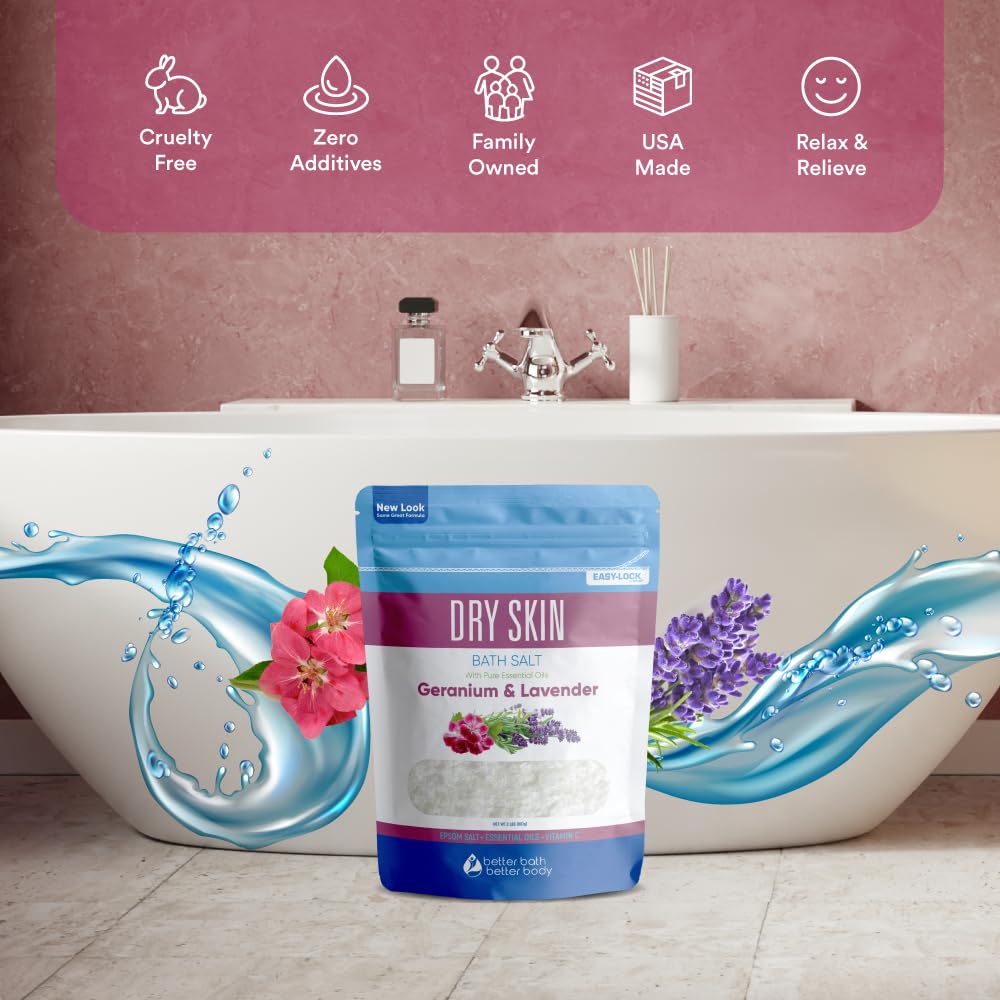 Dry Skin Bath Salt 32 oz – Better Bath Better Body, Epsom Salt with Geranium & Lavender Oils, Vitamin C (2-Pack) BPA-Free Pouch