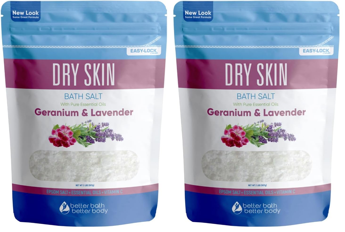 Dry Skin Bath Salt 32 oz – Better Bath Better Body, Epsom Salt with Geranium & Lavender Oils, Vitamin C (2-Pack) BPA-Free Pouch