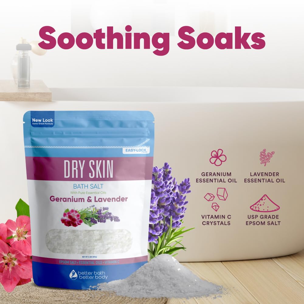Dry Skin Bath Salt 32 oz – Better Bath Better Body, Epsom Salt with Geranium & Lavender Oils, Vitamin C (2-Pack) BPA-Free Pouch