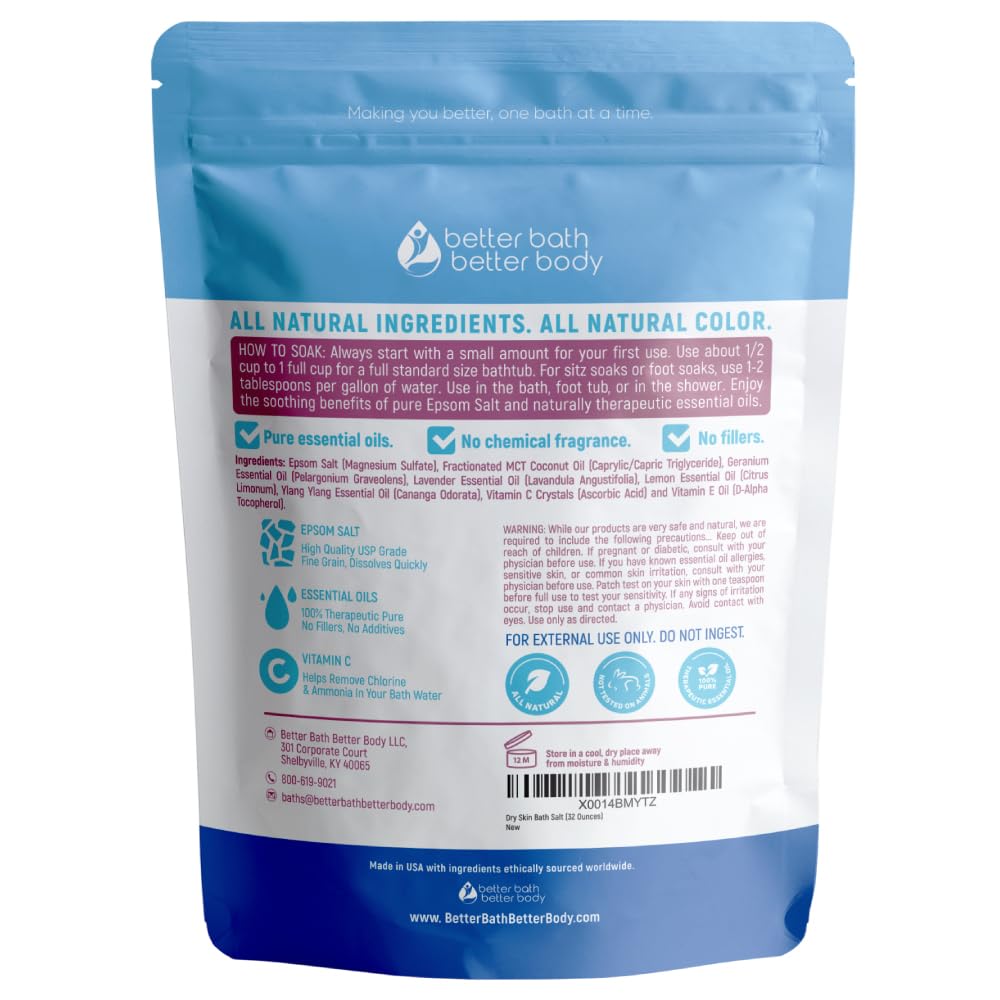 Dry Skin Bath Salt 32 oz – Better Bath Better Body, Epsom Salt with Geranium & Lavender Oils, Vitamin C (2-Pack) BPA-Free Pouch