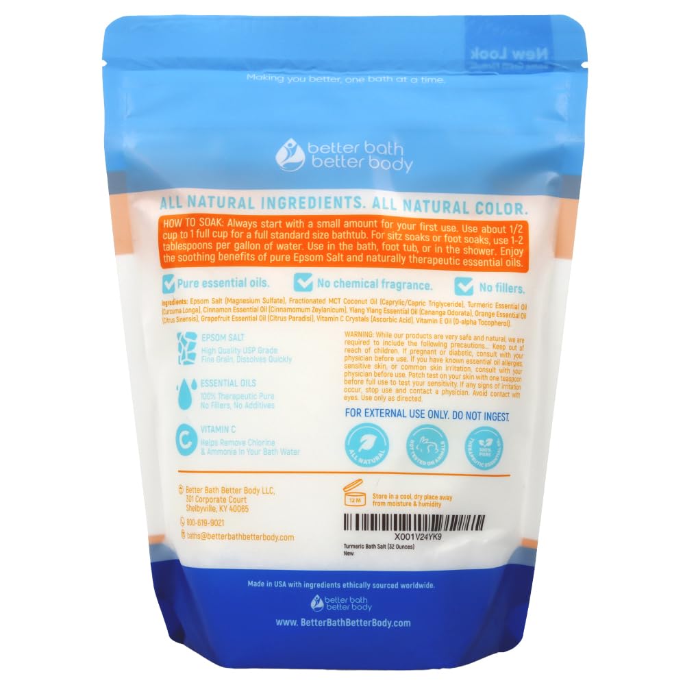 Better Bath Better Body Turmeric Bath Salt 32oz – Epsom Salt with Cinnamon, Orange, Vitamin C – BPA-Free Pouch