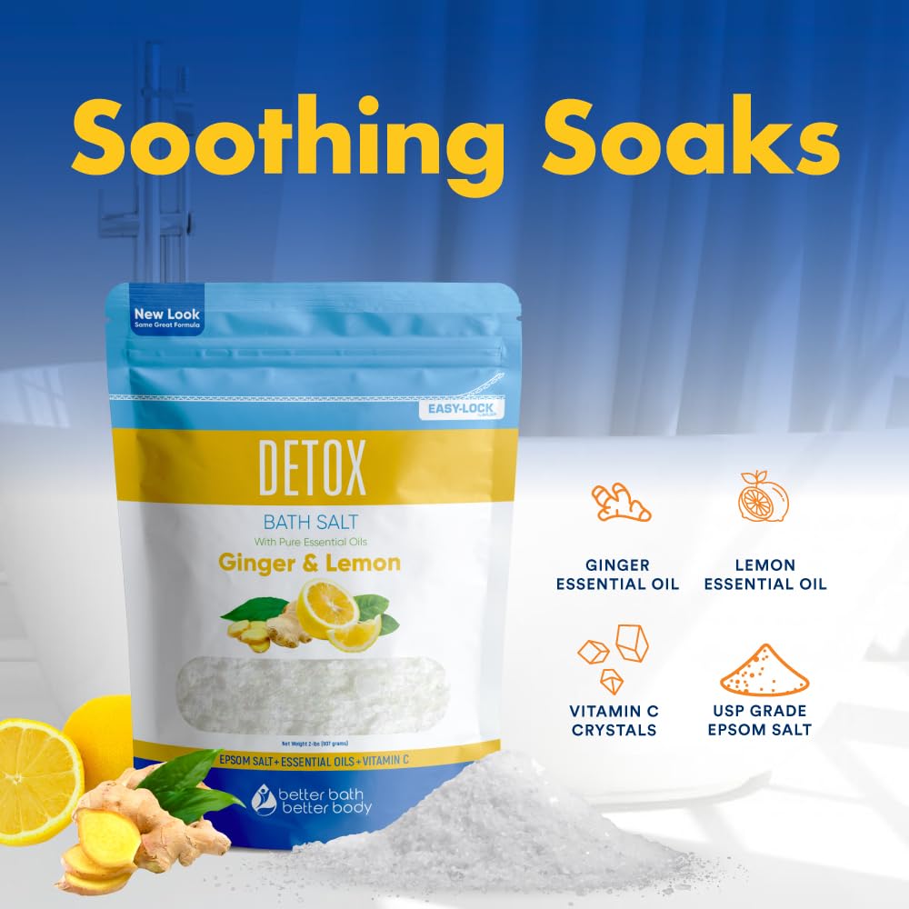 Detox Bath Salt 32 oz – USP Epsom Salt with Ginger, Lemon Oils, Vitamin C (Made in USA)