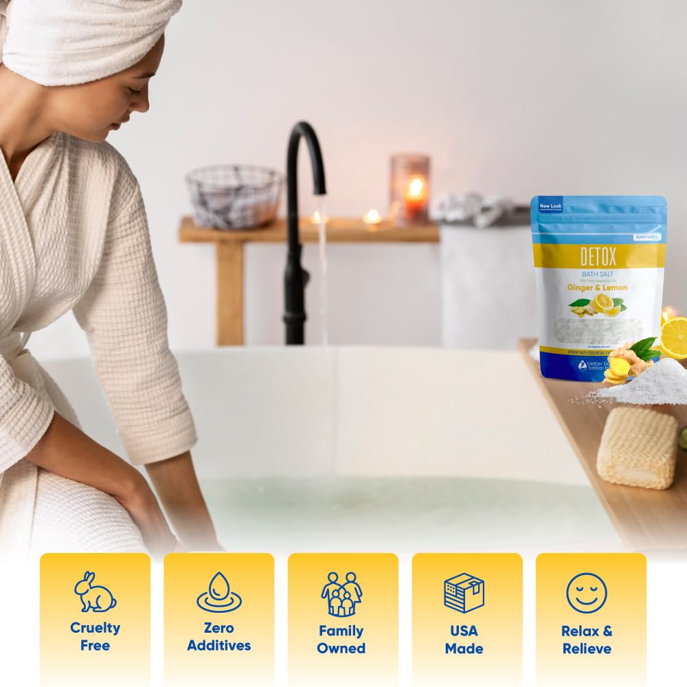 Detox Bath Salt 32 oz – USP Epsom Salt with Ginger, Lemon Oils, Vitamin C (Made in USA)