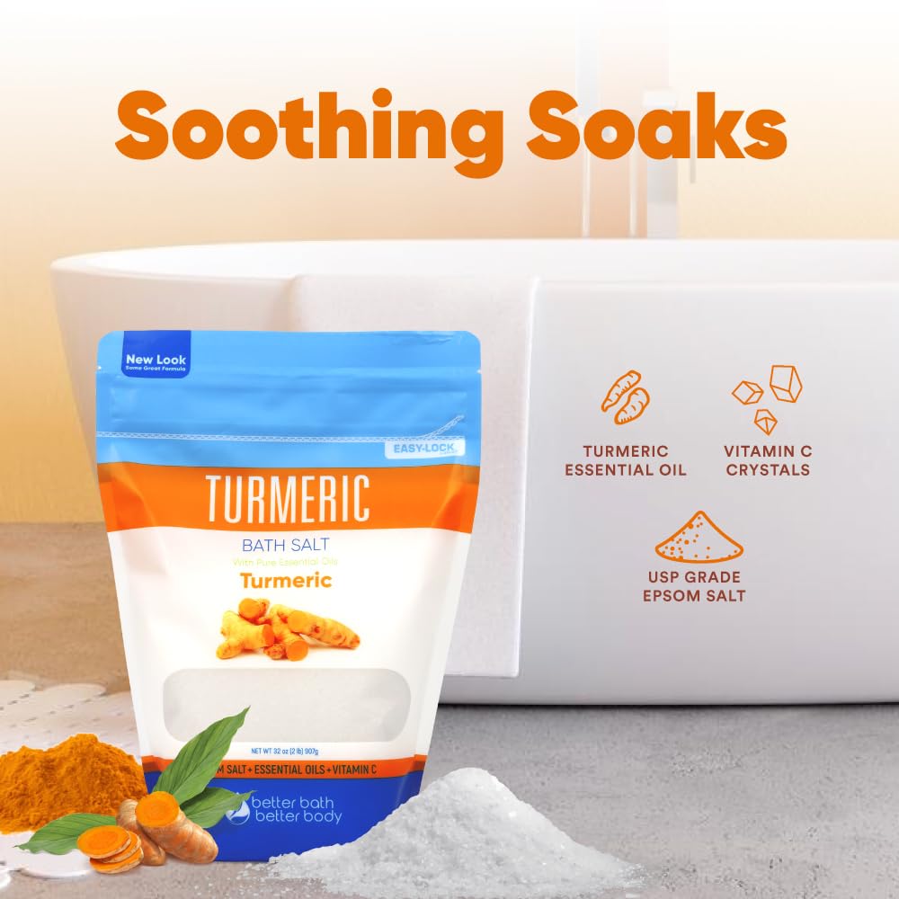 Better Bath Better Body Turmeric Bath Salt 32oz – Epsom Salt with Cinnamon, Orange, Vitamin C – BPA-Free Pouch