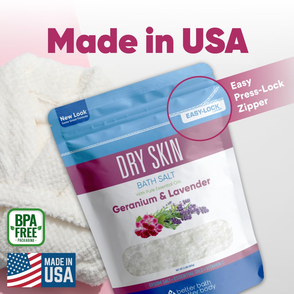 Dry Skin Bath Salt 32 oz – Better Bath Better Body, Epsom Salt with Geranium & Lavender Oils, Vitamin C (2-Pack) BPA-Free Pouch