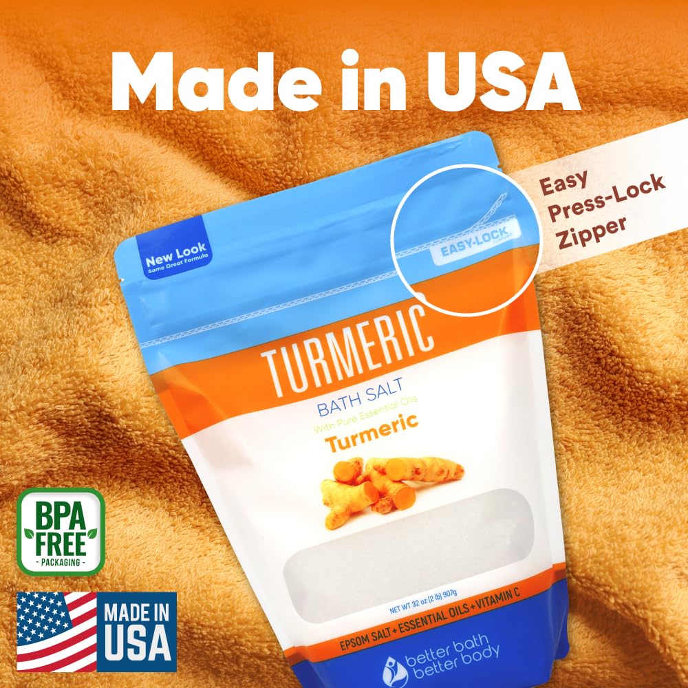 Better Bath Better Body Turmeric Bath Salt 32oz – Epsom Salt with Cinnamon, Orange, Vitamin C – BPA-Free Pouch