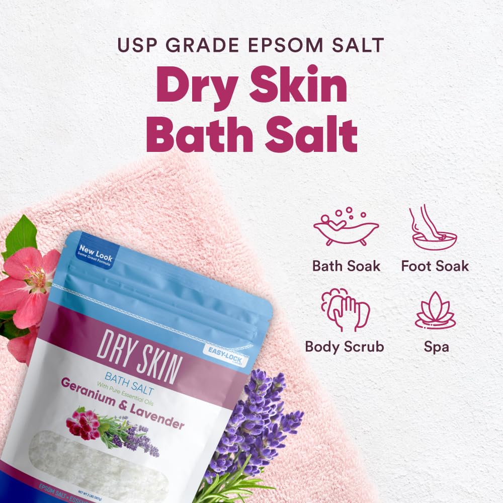 Dry Skin Bath Salt 32 oz – Better Bath Better Body, Epsom Salt with Geranium & Lavender Oils, Vitamin C (2-Pack) BPA-Free Pouch
