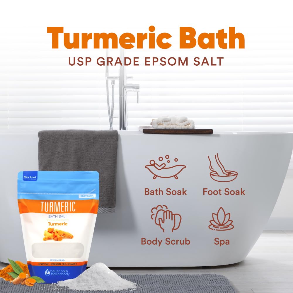 Better Bath Better Body Turmeric Bath Salt 32oz – Epsom Salt with Cinnamon, Orange, Vitamin C – BPA-Free Pouch