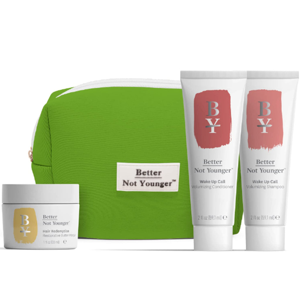Better Not Younger Discovery Kit – Strength & Volume with Wake Up Call Shampoo, Wake Up Call Conditioner, and Hair Redemption Butter Masque (2 oz each)