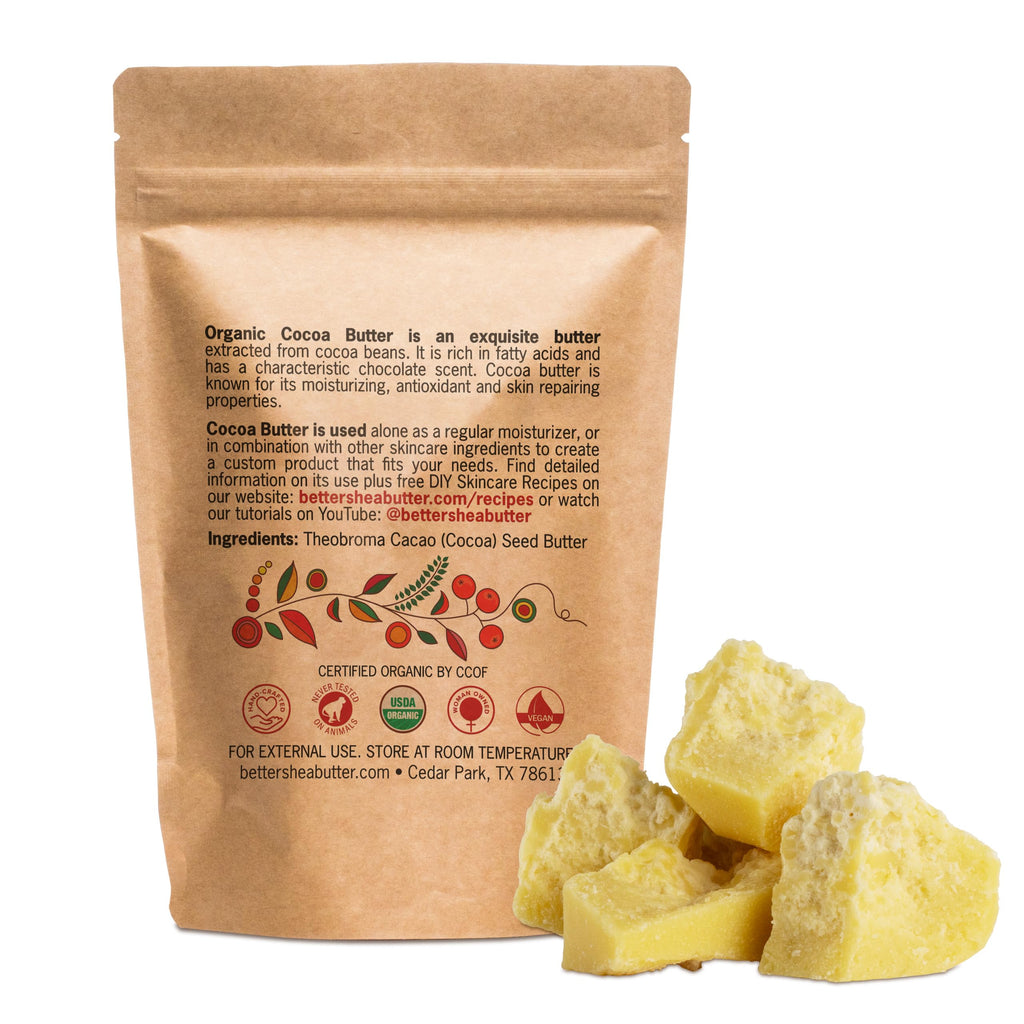 Better Shea Butter Organic Cocoa Butter Raw Unrefined - 1 lb Block | Food Grade, Skin Moisturizer & DIY Base