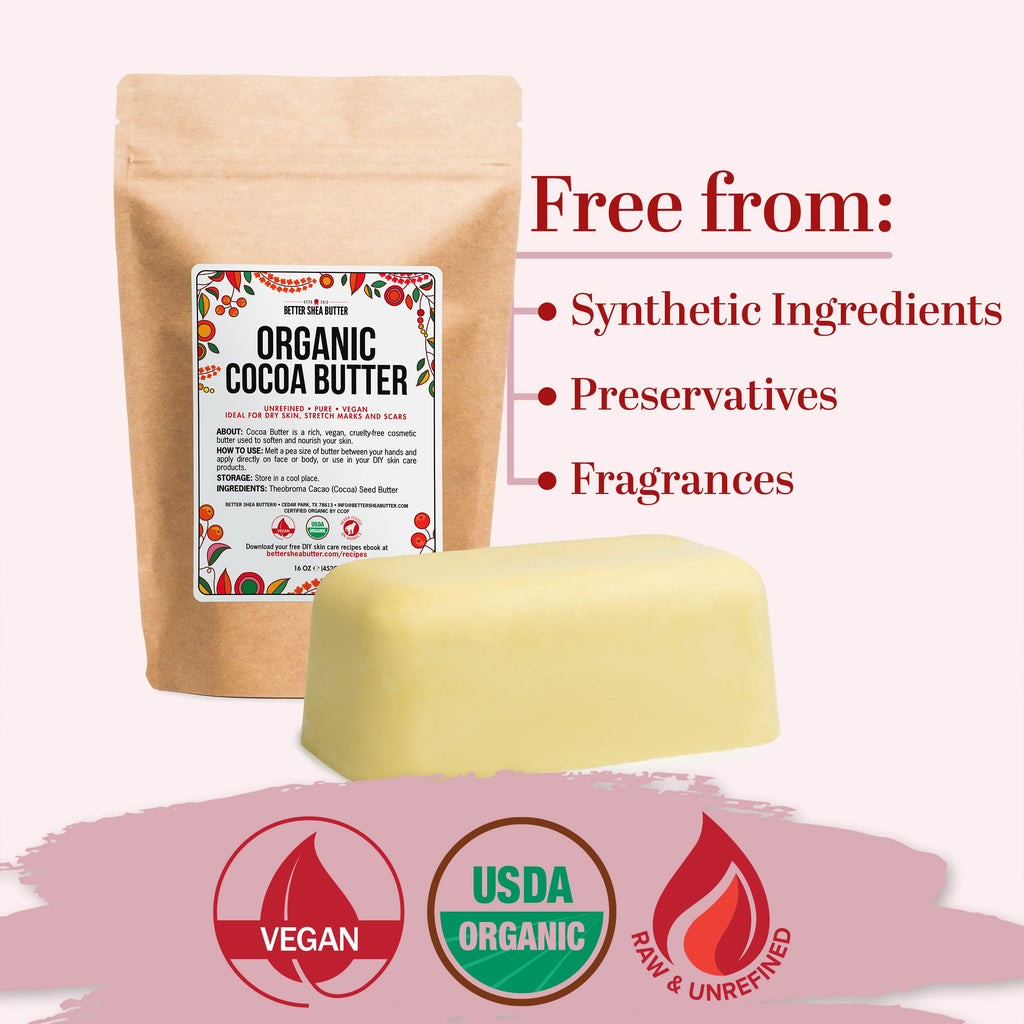 Better Shea Butter Organic Cocoa Butter Raw Unrefined - 1 lb Block | Food Grade, Skin Moisturizer & DIY Base