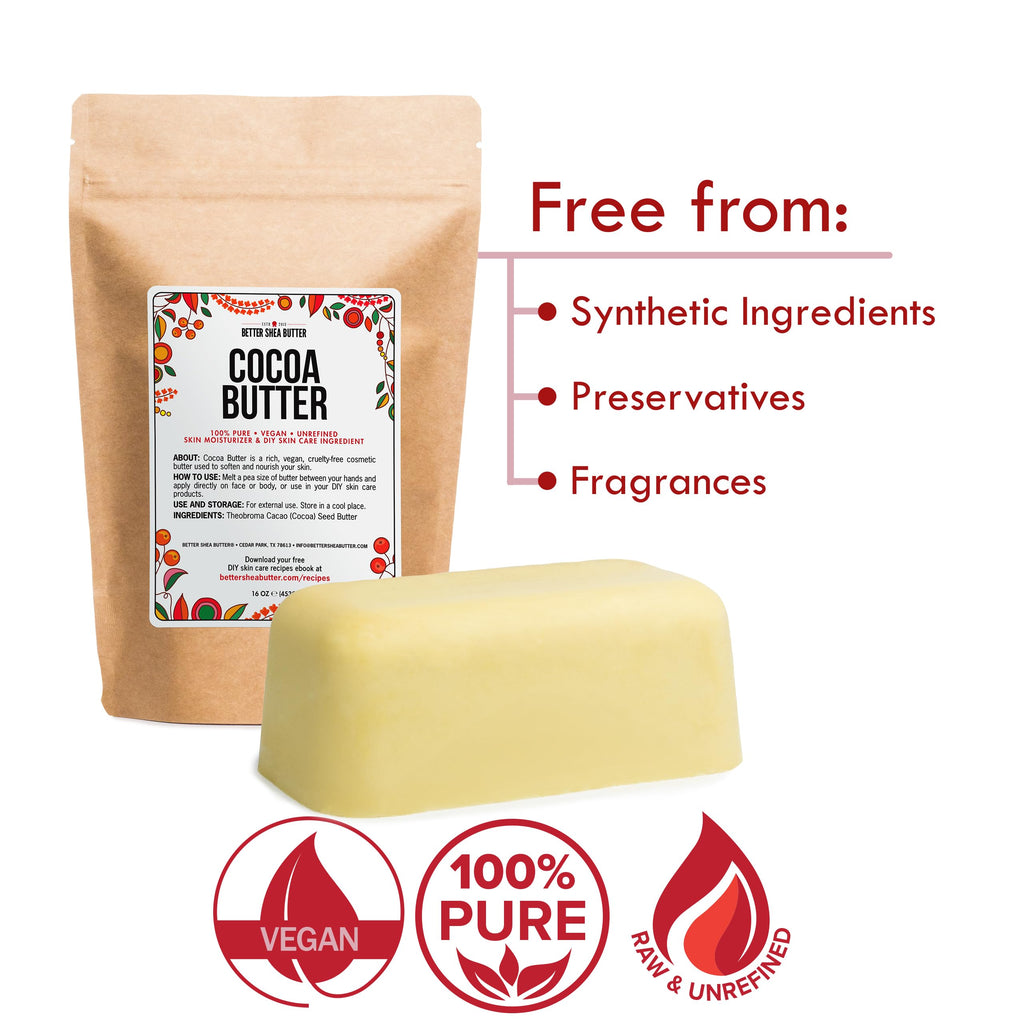 Better Shea Butter Raw Cocoa Butter - Unrefined, 100% Pure, Food Grade Cocoa Butter Block (1LB) | Skin & Hair Moisturizer