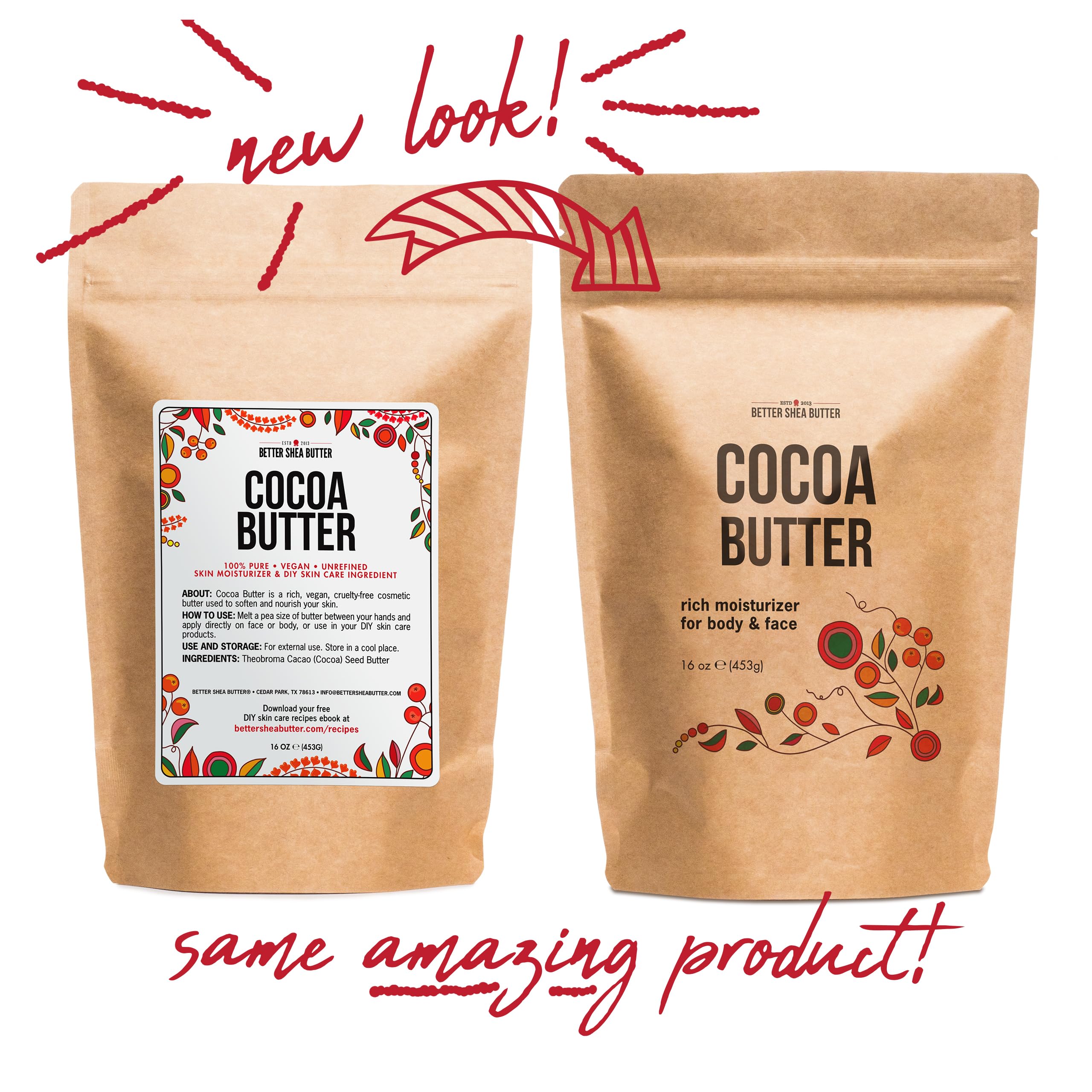 Better Shea Butter Raw Cocoa Butter - Unrefined, 100% Pure, Food Grade Cocoa Butter Block (1LB) | Skin & Hair Moisturizer