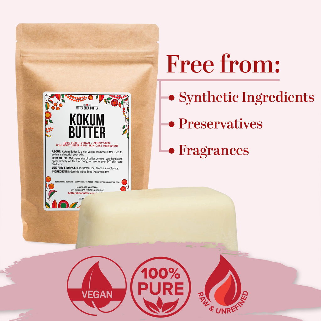Better Shea Butter Raw Kokum Butter Unrefined – Unscented 1 lb Block for DIY Skincare