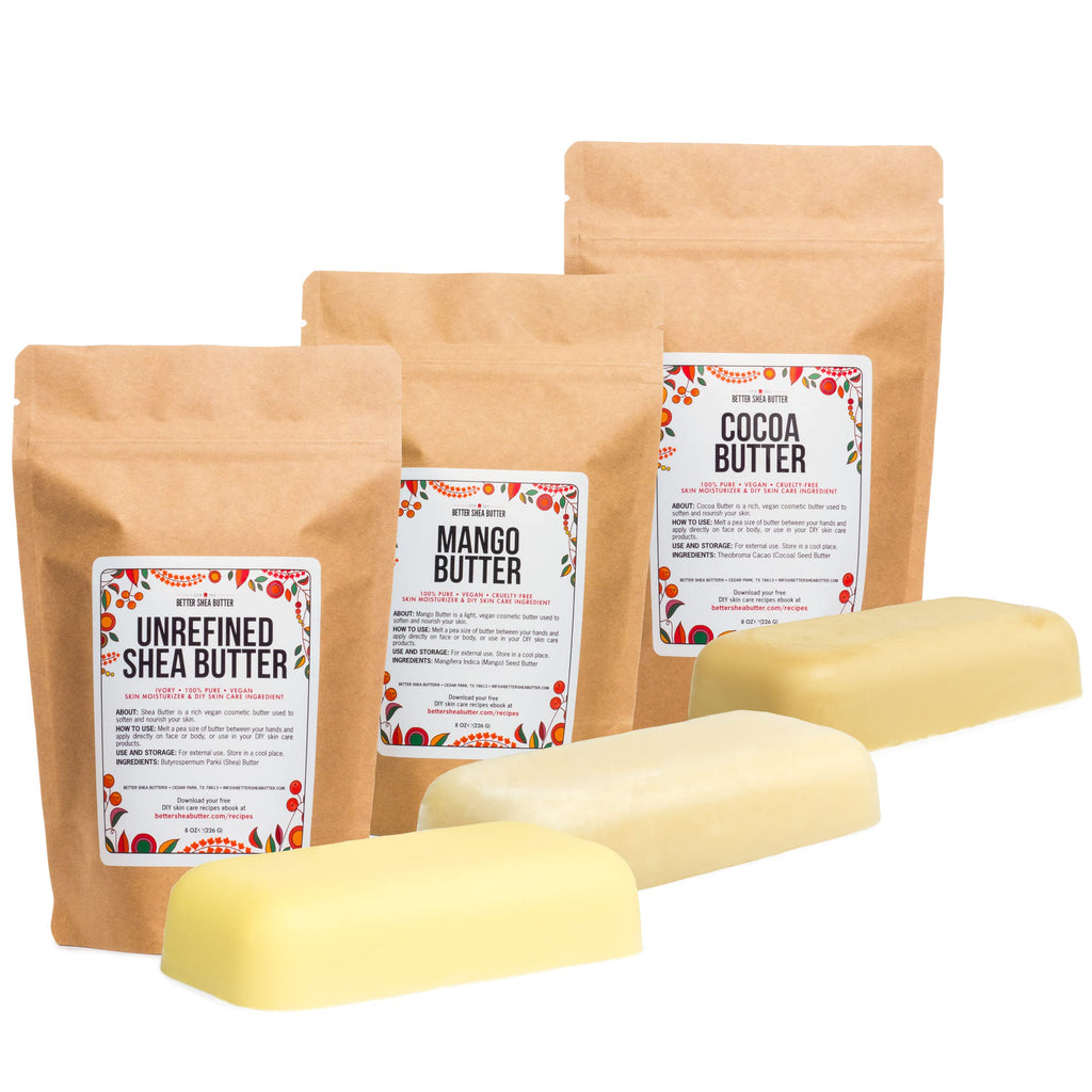 Better Shea Butter Set — Raw Shea, Mango & Cocoa Butters for DIY Skincare | 3 Jars, 8 oz Each (24 oz Total)