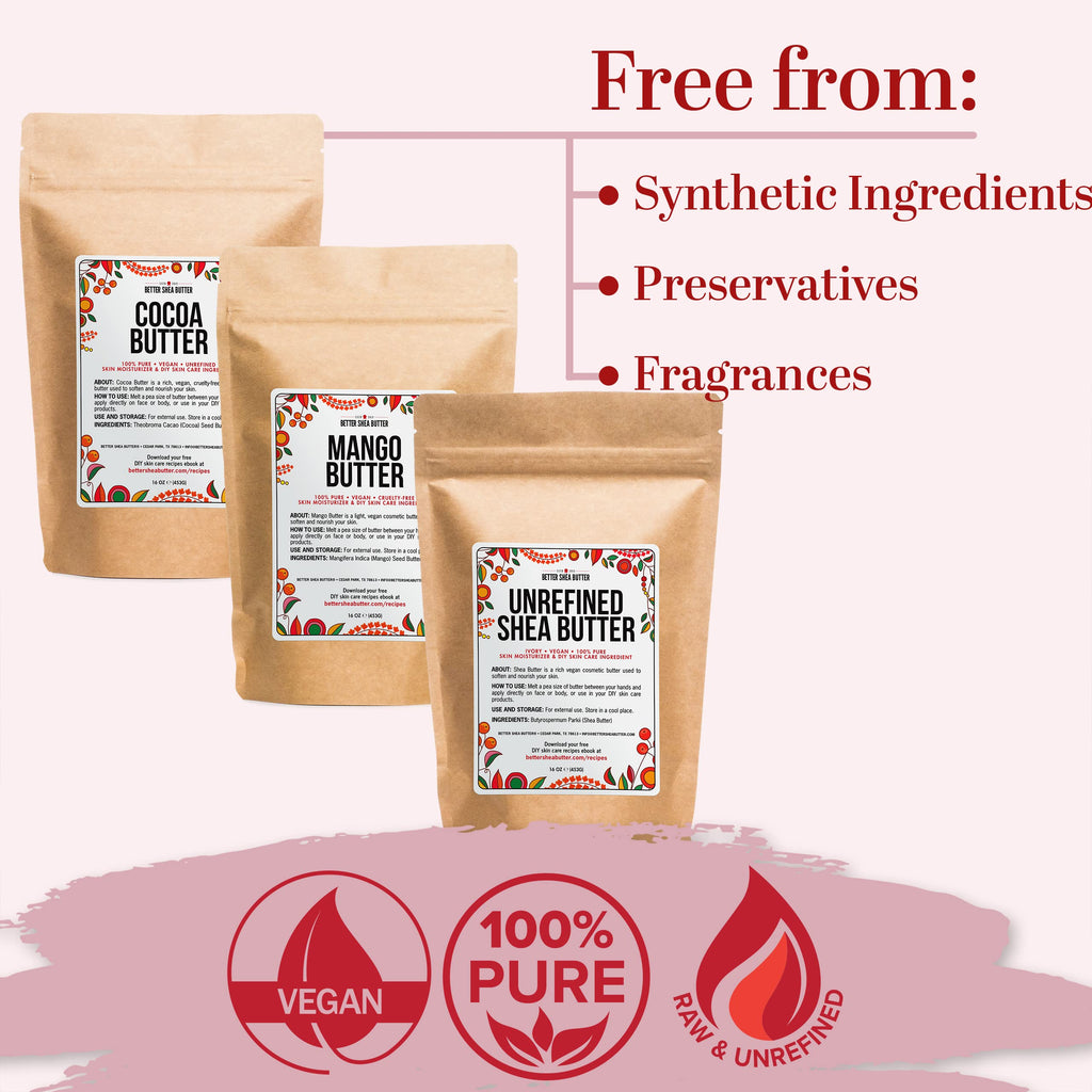 Better Shea Butter 3-Pack: Raw Shea, Mango & Cocoa Butters – 16 oz Each (Total 48 oz) for DIY Skincare