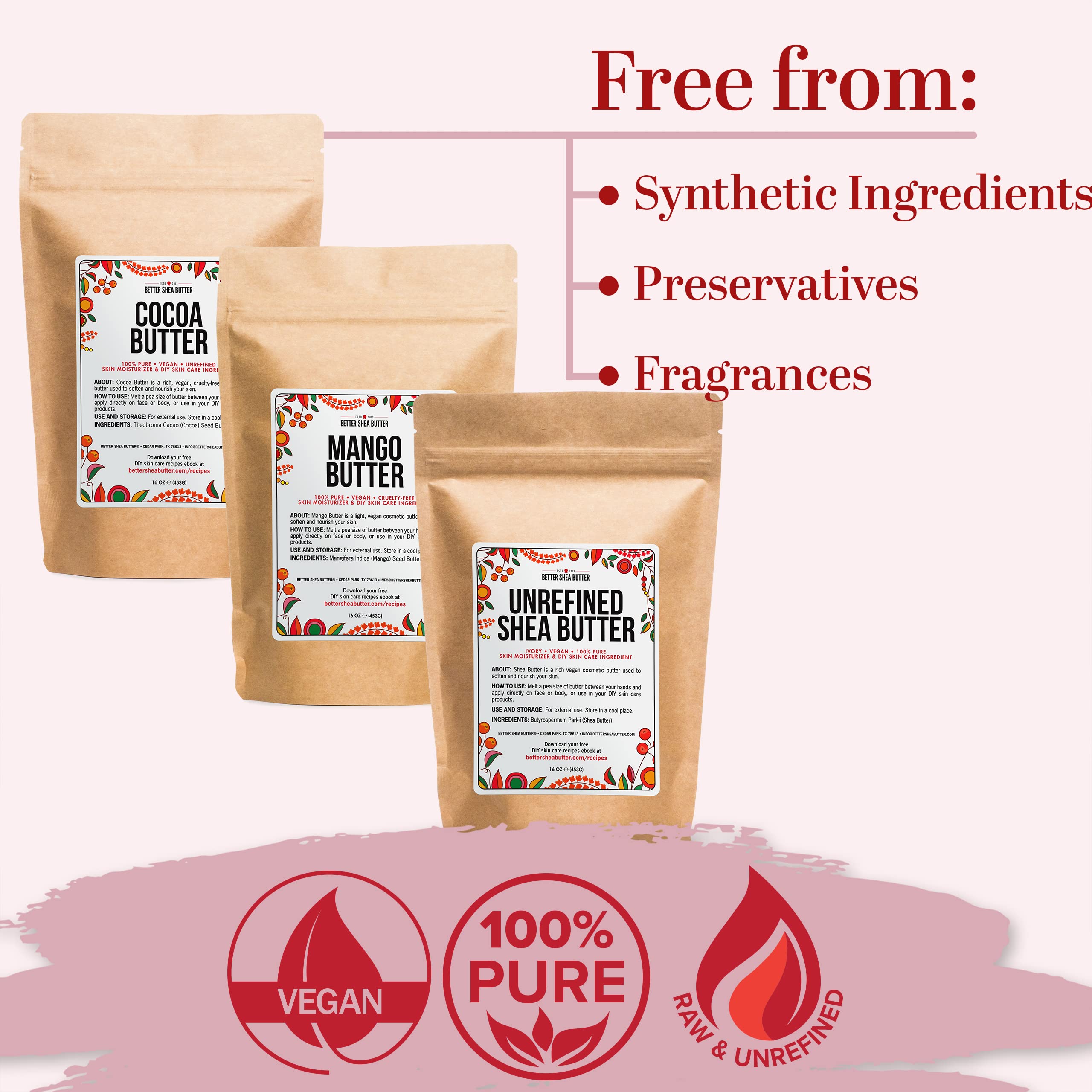 Better Shea Butter 3-Pack: Raw Shea, Mango & Cocoa Butters – 16 oz Each (Total 48 oz) for DIY Skincare