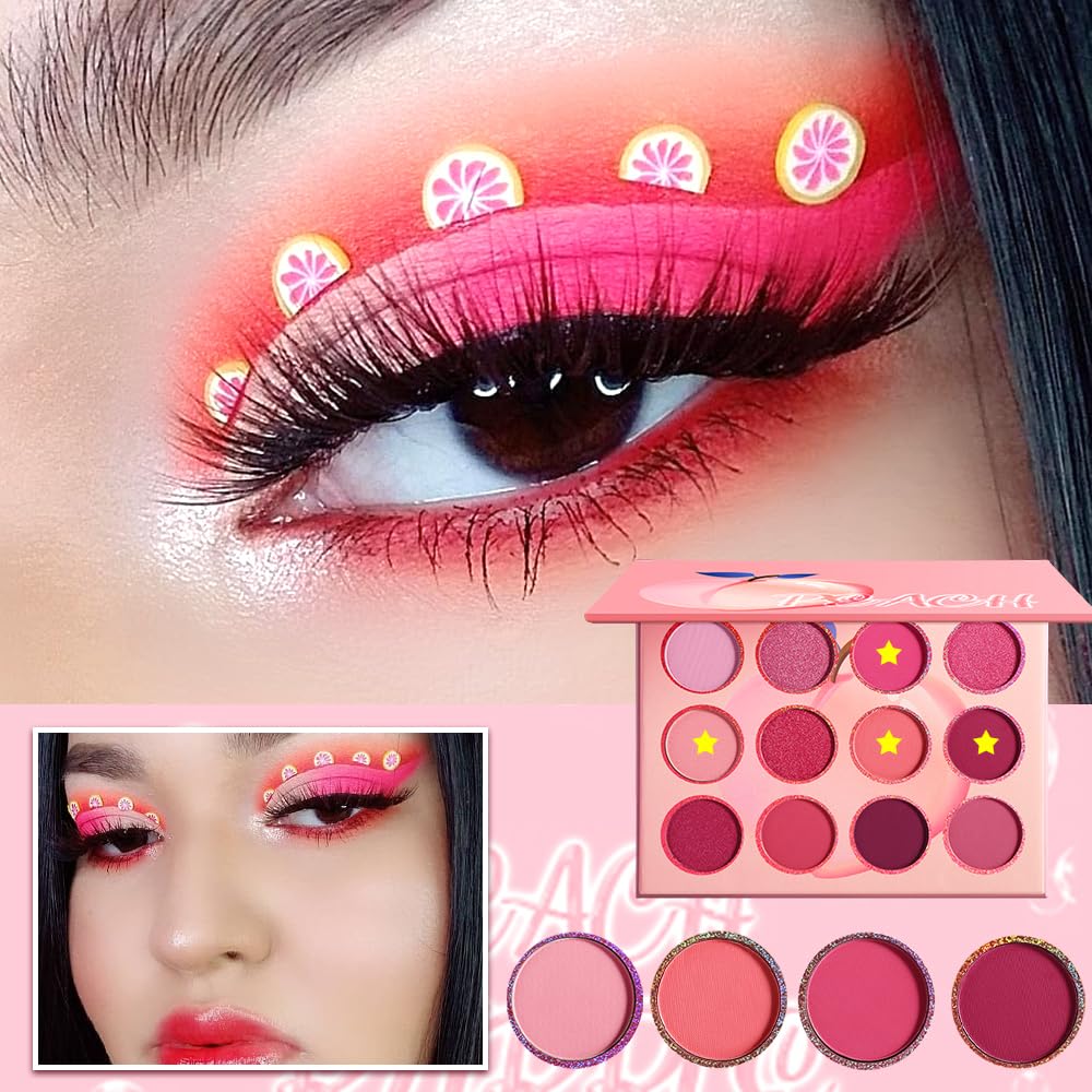 BEUSELF Pink Eyeshadow Palette — 12 Peach Matte & Shimmer Shades, Travel-Friendly, Waterproof, Vegan