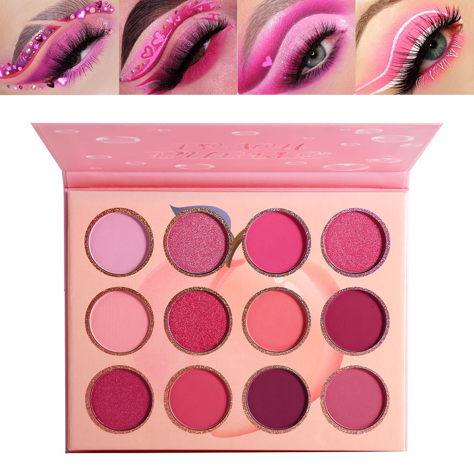 BEUSELF Pink Eyeshadow Palette — 12 Peach Matte & Shimmer Shades, Travel-Friendly, Waterproof, Vegan