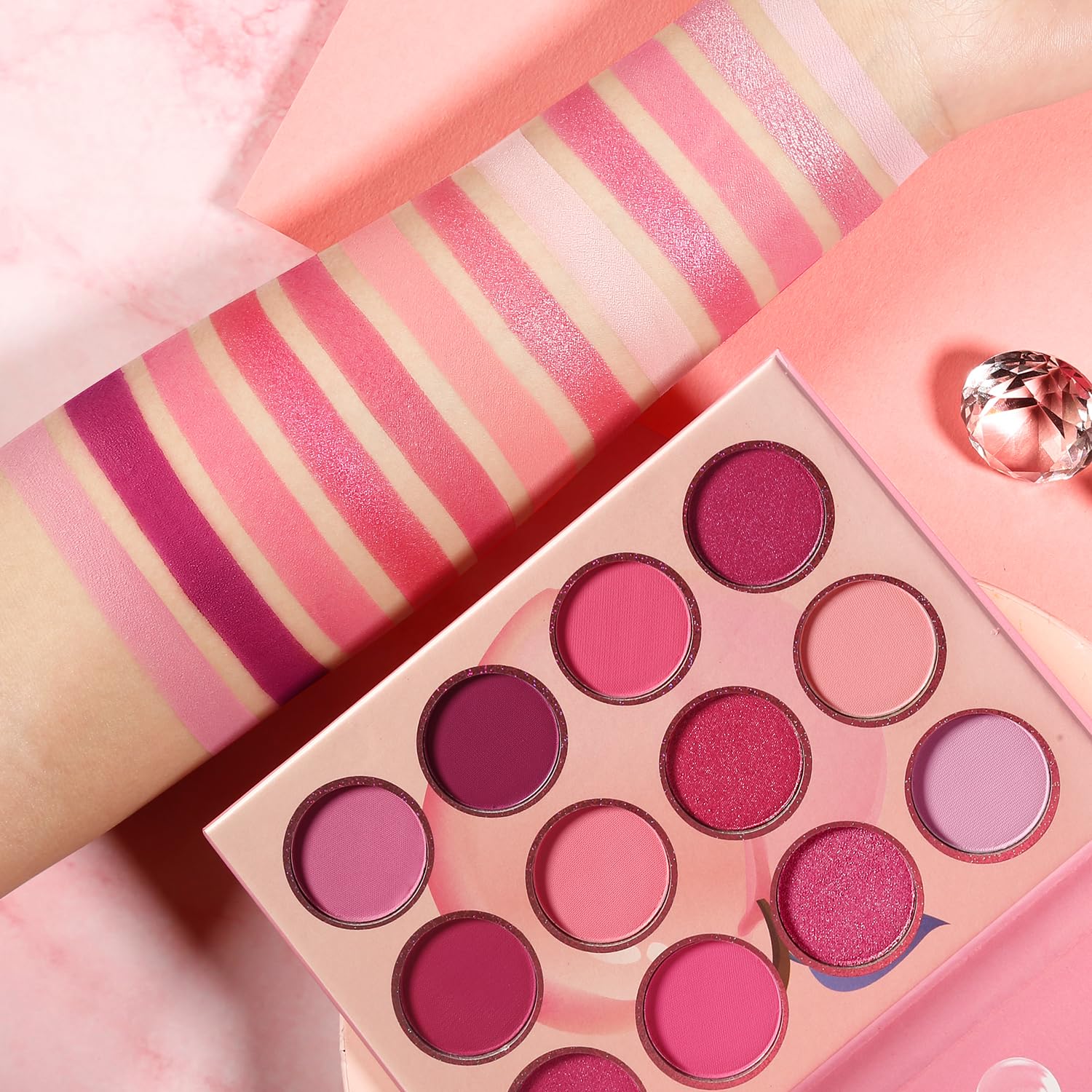 BEUSELF Pink Eyeshadow Palette — 12 Peach Matte & Shimmer Shades, Travel-Friendly, Waterproof, Vegan