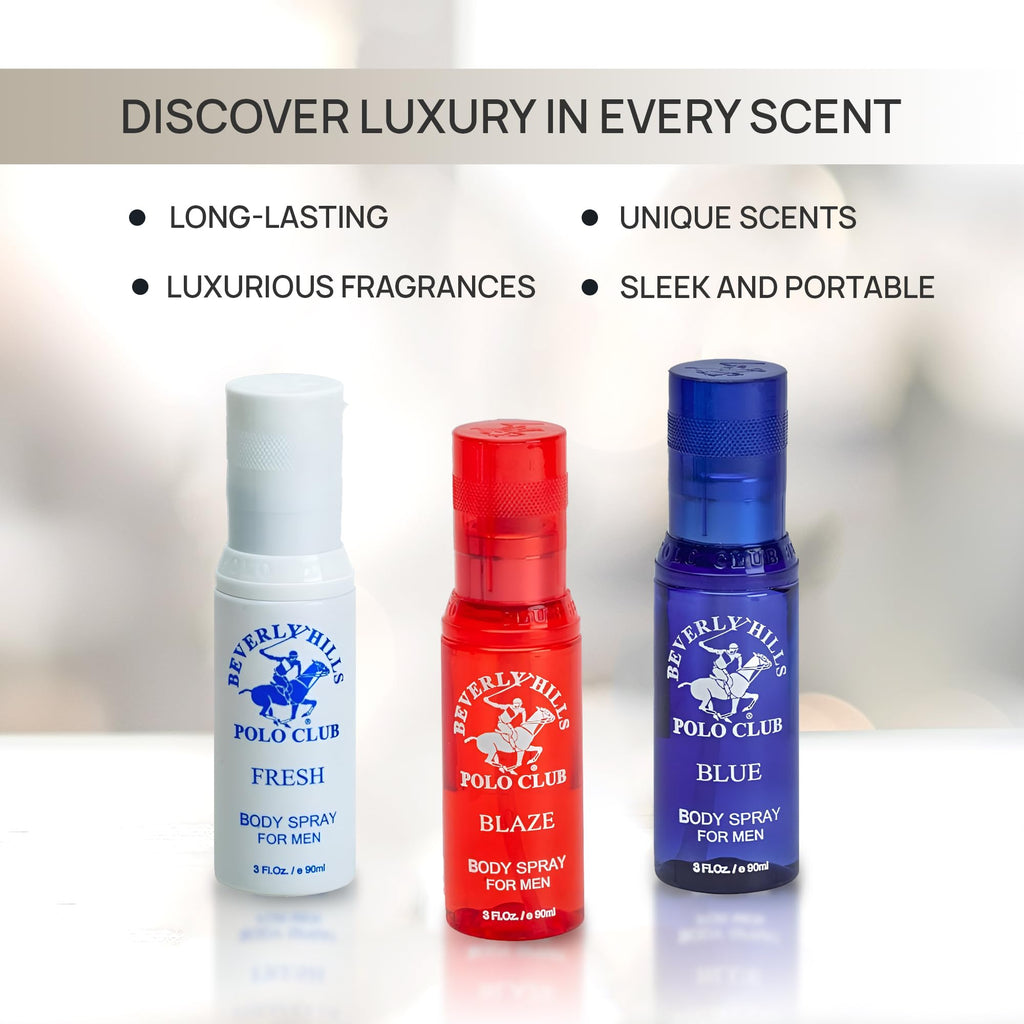 Beverly Hills Polo Club Men's Body Spray Collection – 3 x 3oz Gift Set for Everyday Freshness & Travel
