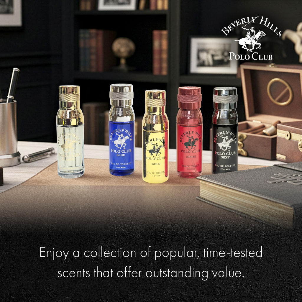Beverly Hills Polo Club 5 Piece Mini EDT Gift Set for Men – 0.5oz Each (Gold, Ignite, Classic, Sexy, Blue)