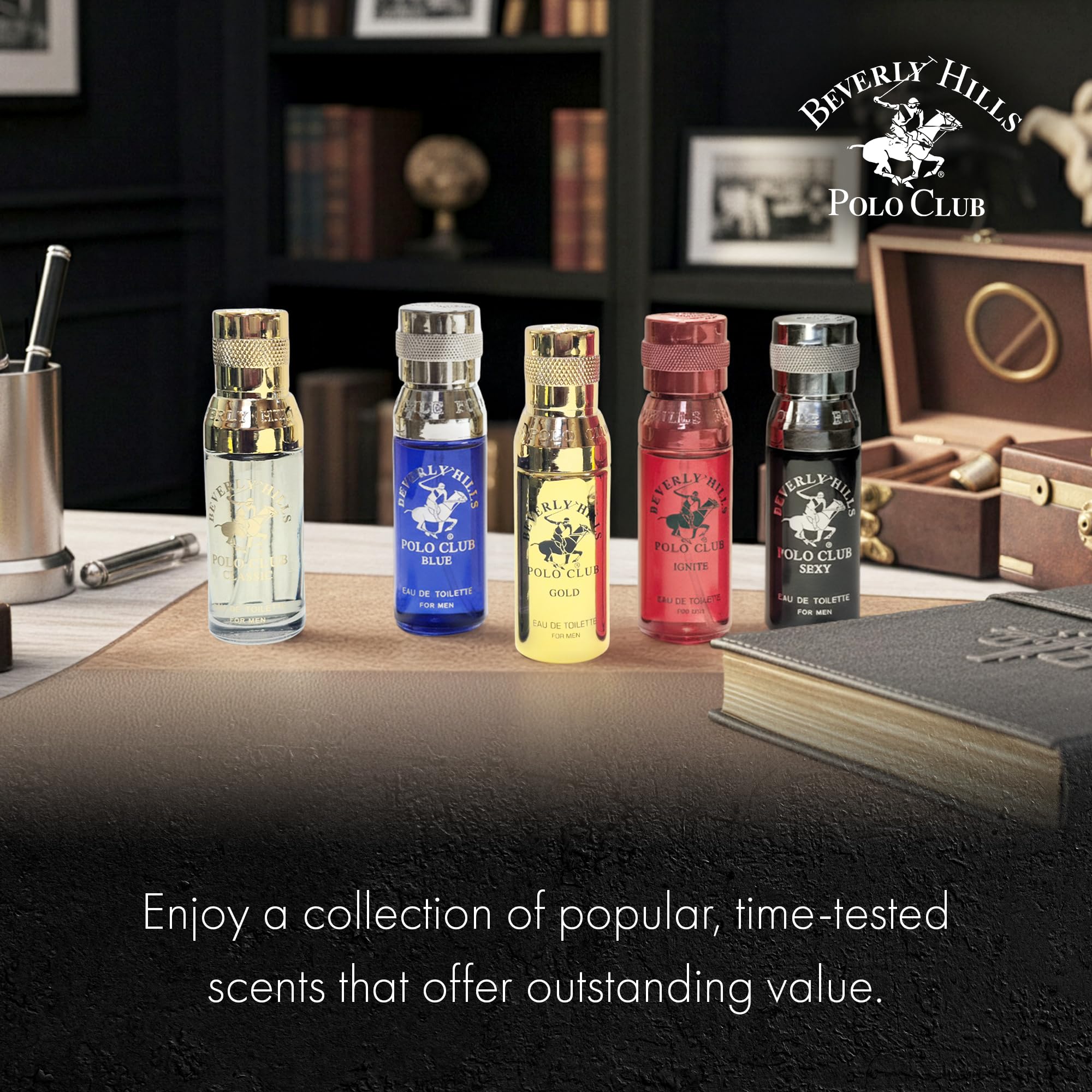 Beverly Hills Polo Club 5 Piece Mini EDT Gift Set for Men – 0.5oz Each (Gold, Ignite, Classic, Sexy, Blue)