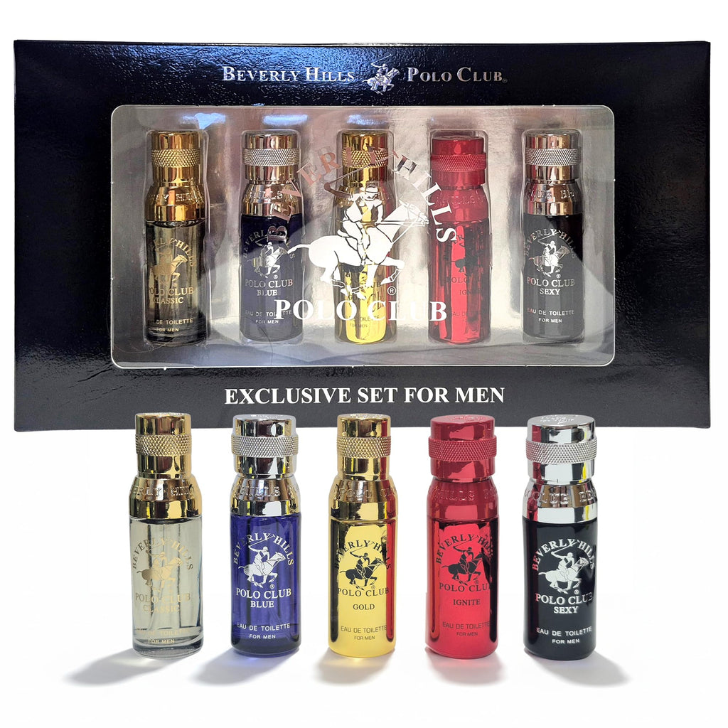 Beverly Hills Polo Club 5 Piece Mini EDT Gift Set for Men – 0.5oz Each (Gold, Ignite, Classic, Sexy, Blue)