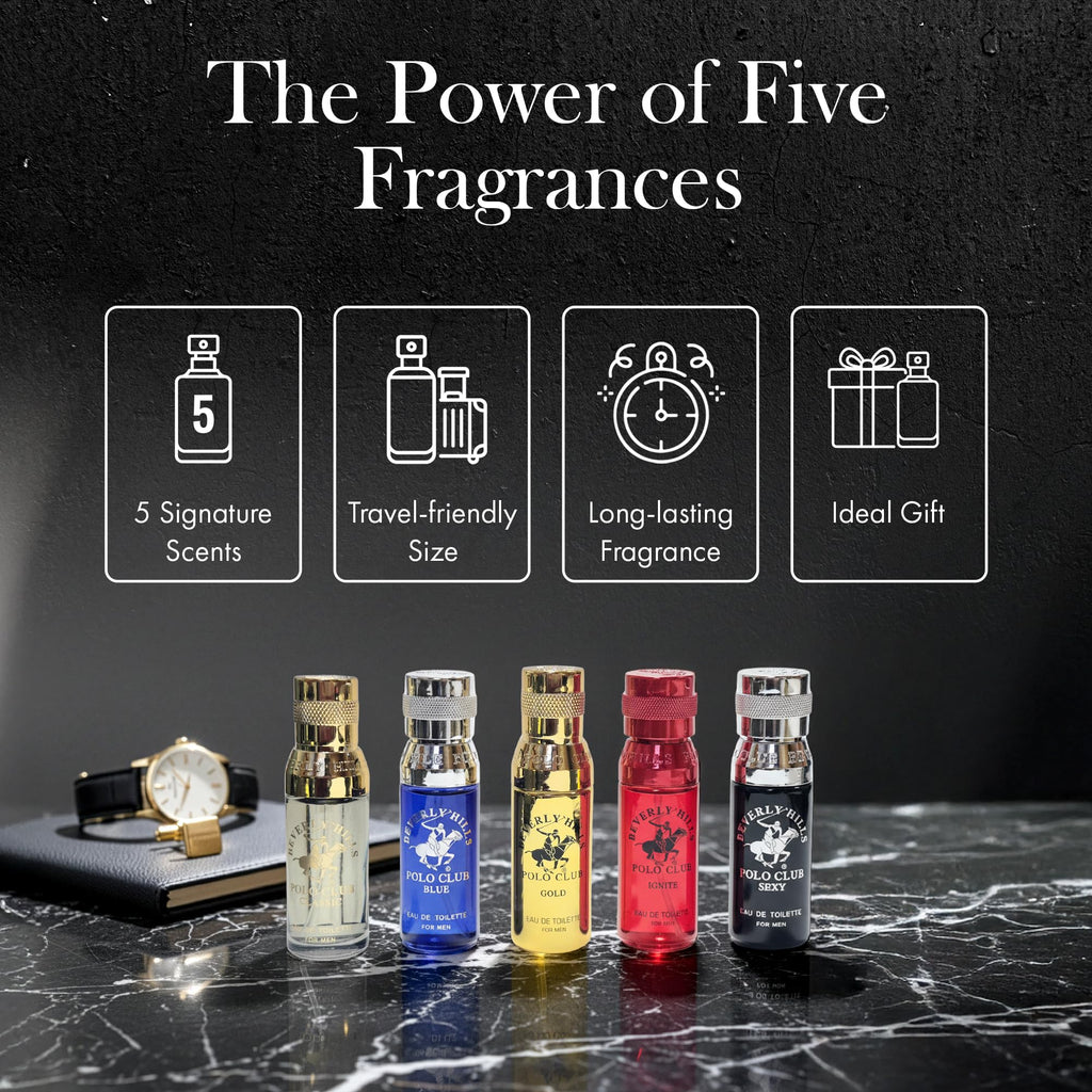Beverly Hills Polo Club 5 Piece Mini EDT Gift Set for Men – 0.5oz Each (Gold, Ignite, Classic, Sexy, Blue)