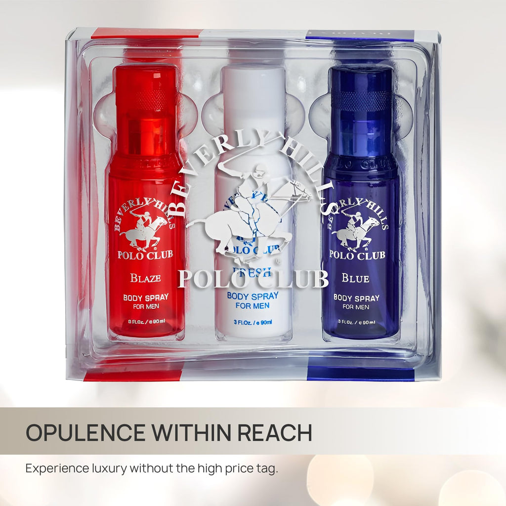 Beverly Hills Polo Club Men's Body Spray Collection – 3 x 3oz Gift Set for Everyday Freshness & Travel