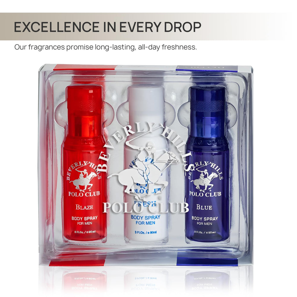 Beverly Hills Polo Club Men's Body Spray Collection – 3 x 3oz Gift Set for Everyday Freshness & Travel