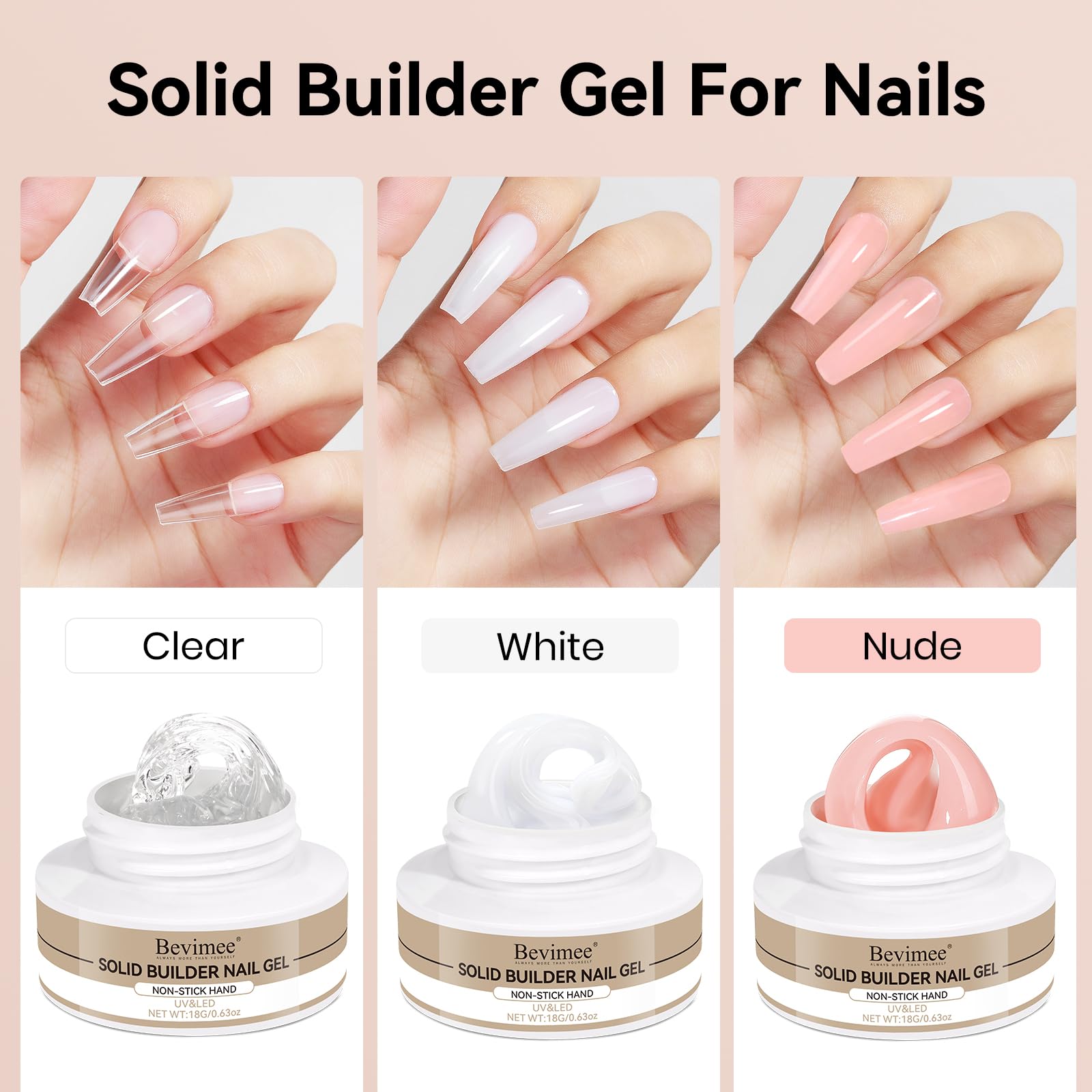 Bevimee Solid Builder Gel Kit – 3 Colors for 3D Nail Art, Non-Stick, 18g x3