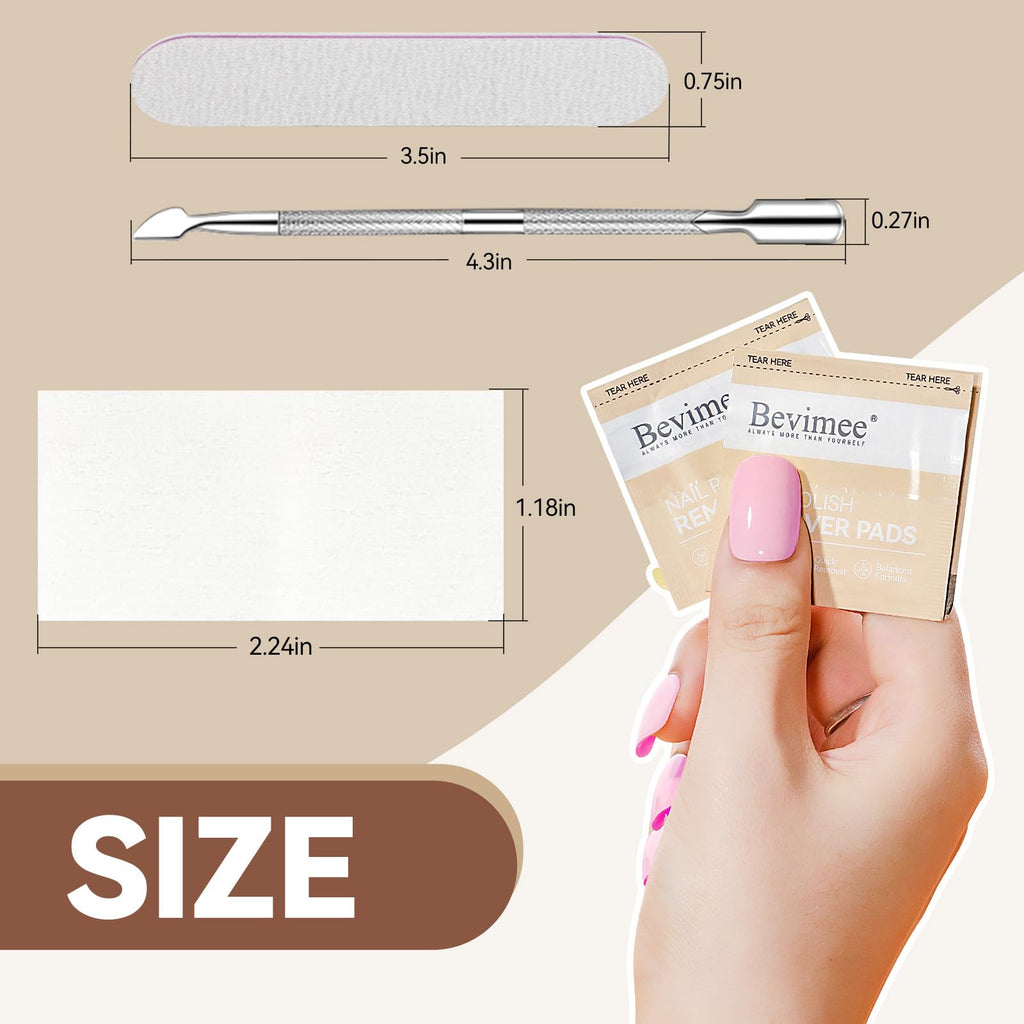 Bevimee Nail Polish Remover Pads – 200 Pack Acetone Gel Polish Wipes with Nail File & Cuticle Pusher