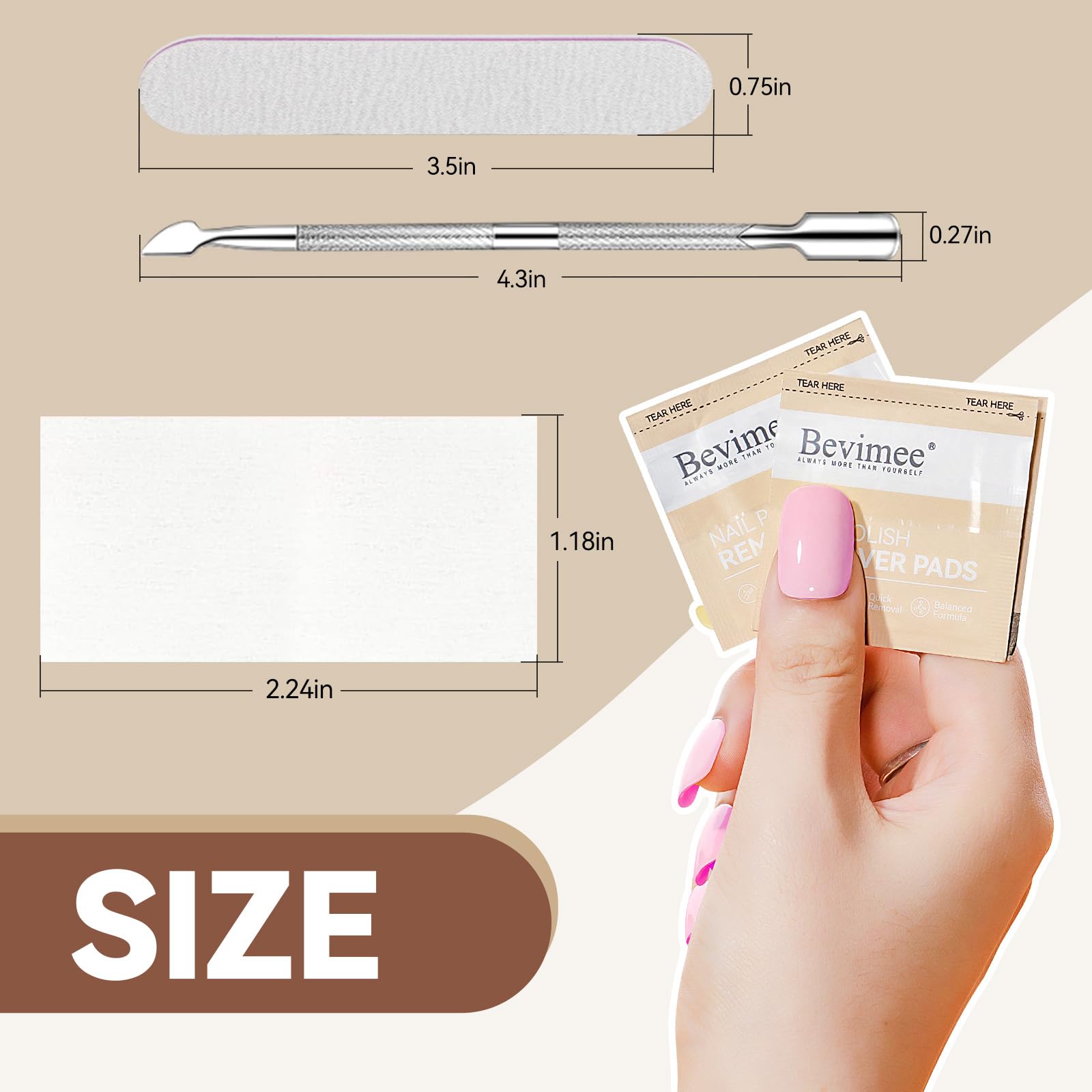 Bevimee Nail Polish Remover Pads – 200 Pack Acetone Gel Polish Wipes with Nail File & Cuticle Pusher