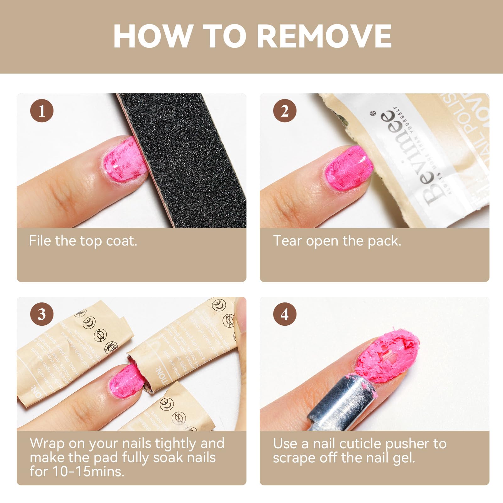 Bevimee Nail Polish Remover Pads – 200 Pack Acetone Gel Polish Wipes with Nail File & Cuticle Pusher