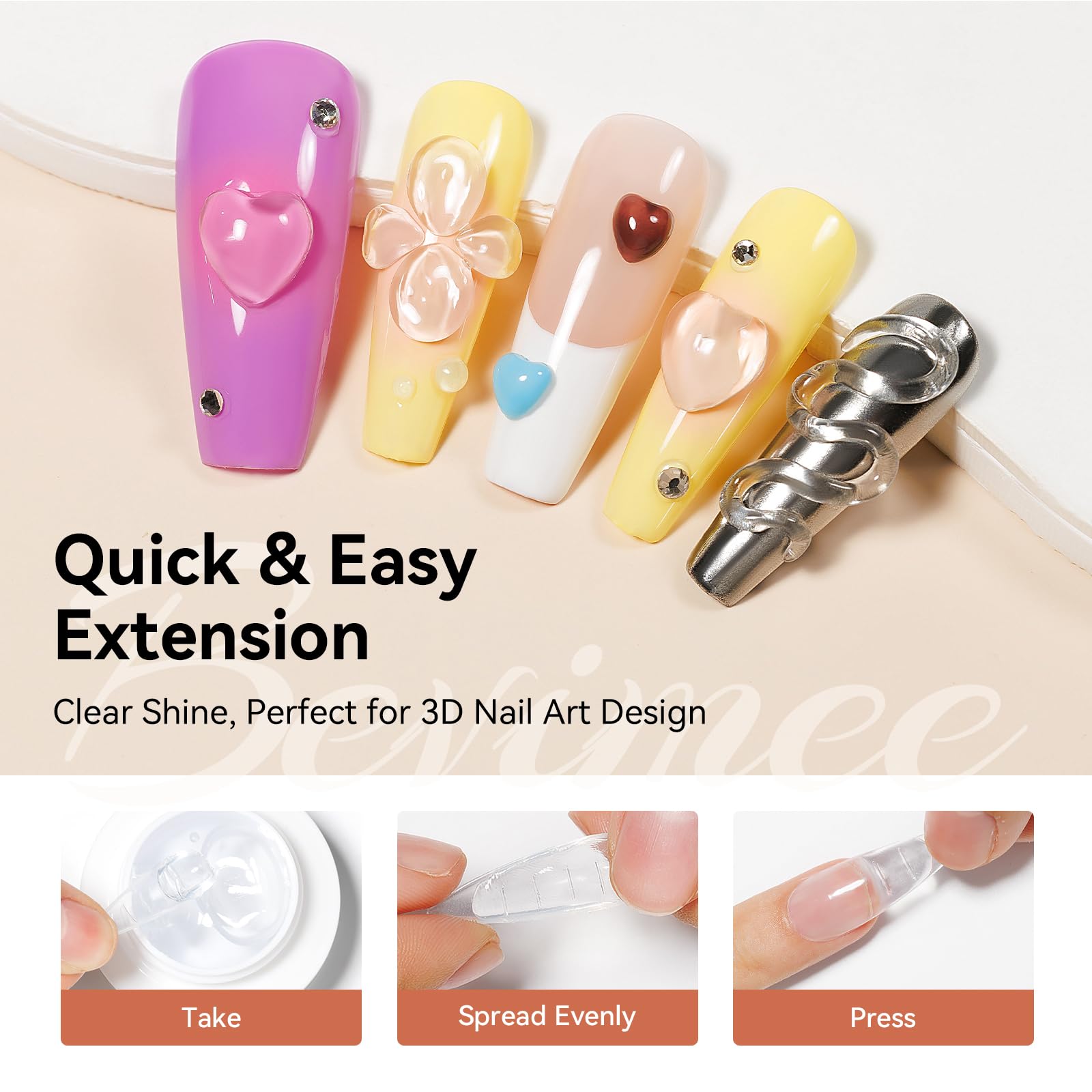 Bevimee Solid Builder Gel & Rhinestones Glue – 18g Gel, 15g Glue for Nail Art at Home