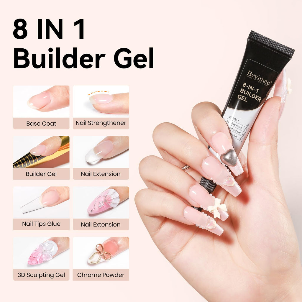 Bevimee Solid Builder Gel Kit – 18g + 15ml, 8-in-1 Clear Gel for 3D Nail Sculpting